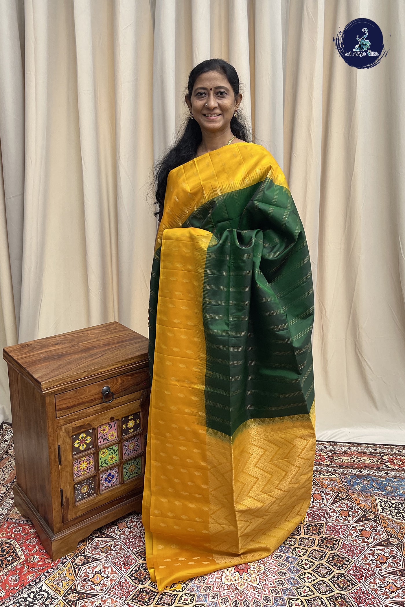 Dark Green Soft Silk Saree With Stripes Pattern