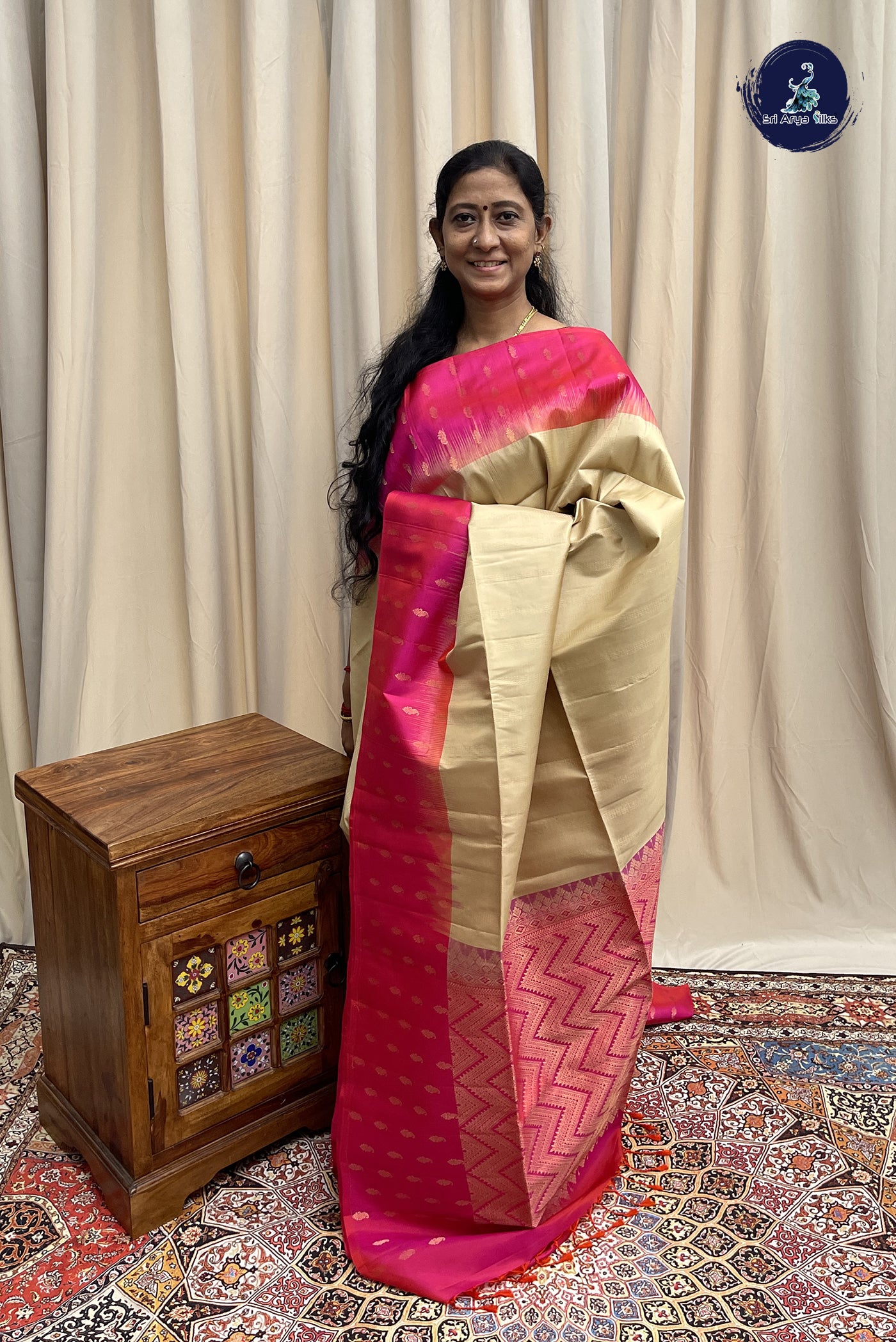 Cream Soft Silk Saree With Stripes Pattern