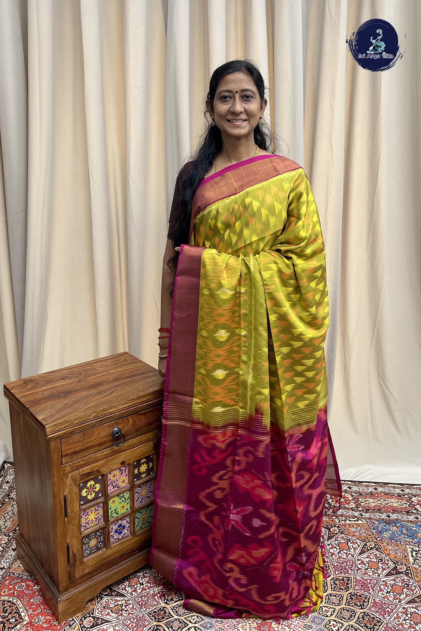 Flurocent Green Soft Silk Saree With Ikat Pattern