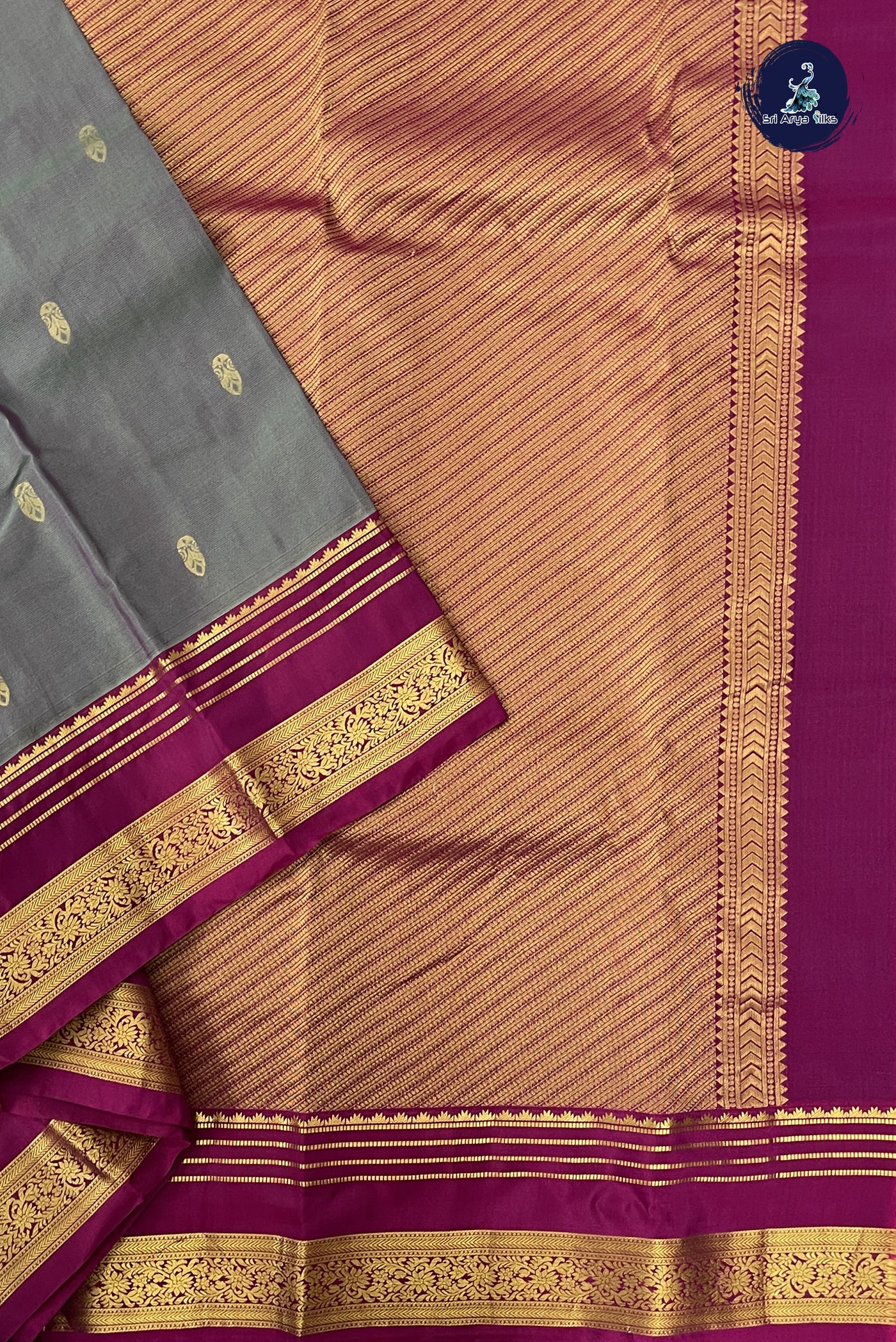 Dual Tone Grey Half Pure Silk Saree With Zari Buttas Pattern