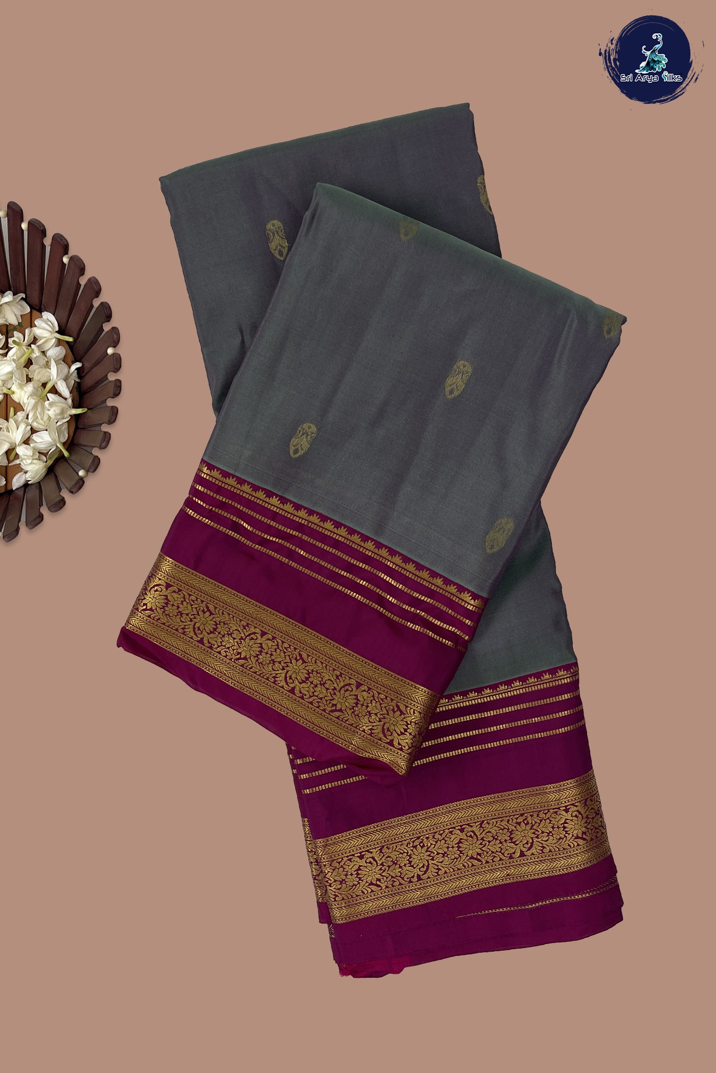 Dual Tone Grey Half Pure Silk Saree With Zari Buttas Pattern