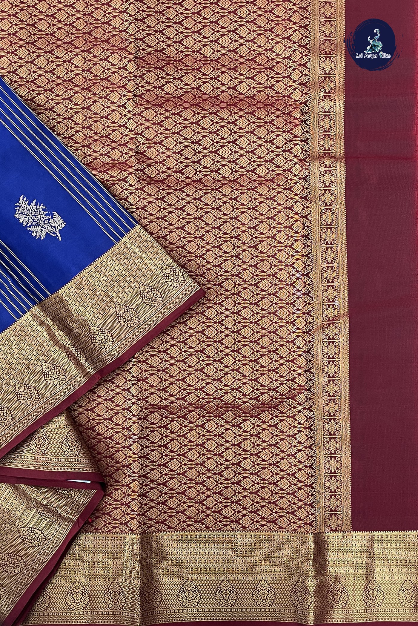 Dark Blue Half Pure Silk Saree With Stripes Pattern