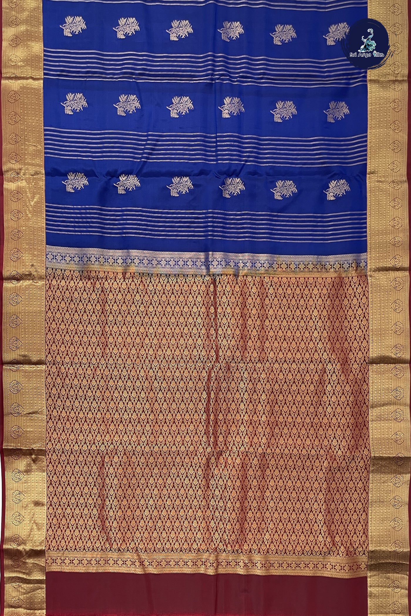Dark Blue Half Pure Silk Saree With Stripes Pattern