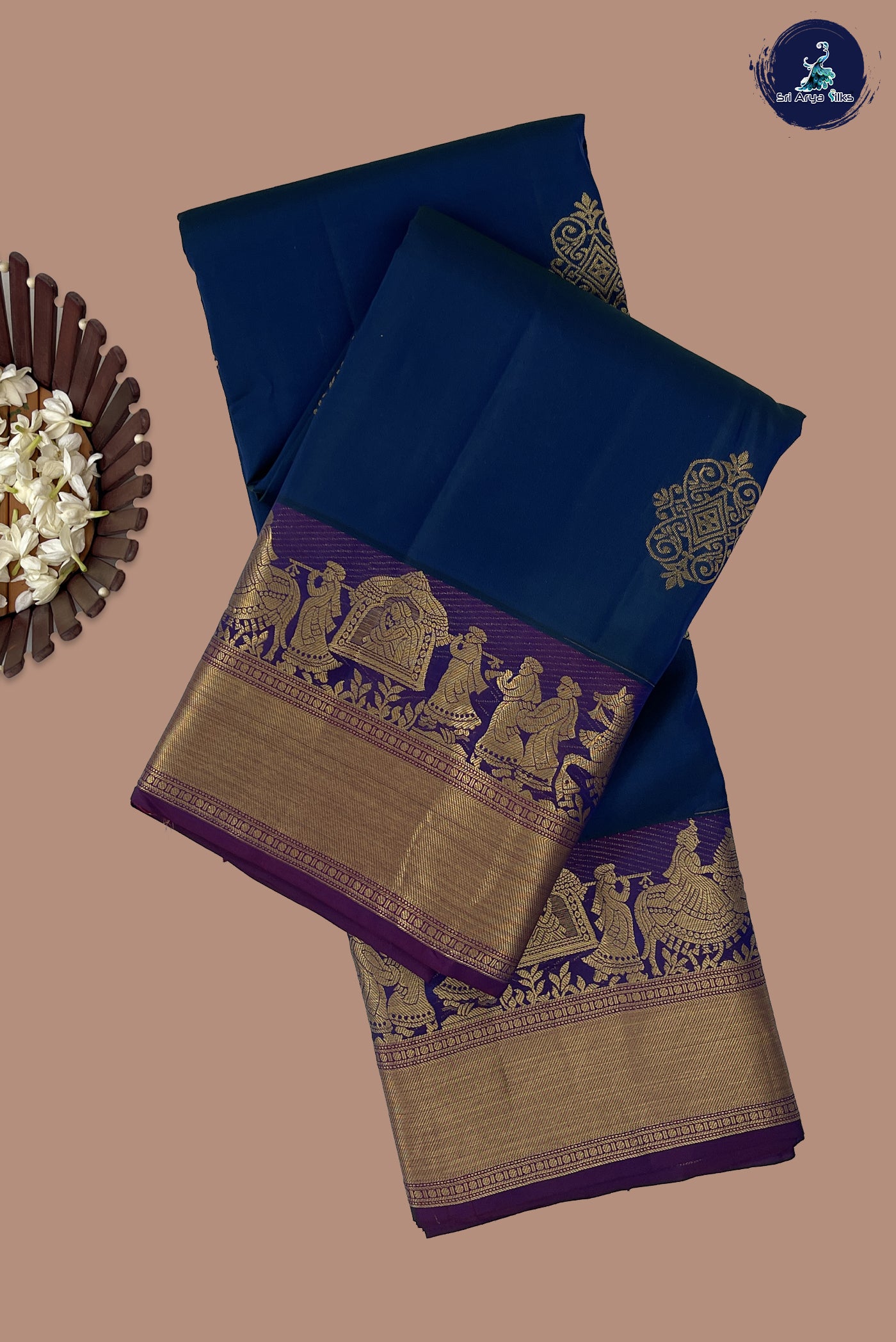 Peacock Blue Half Pure Silk Saree With Zari Buttas Pattern