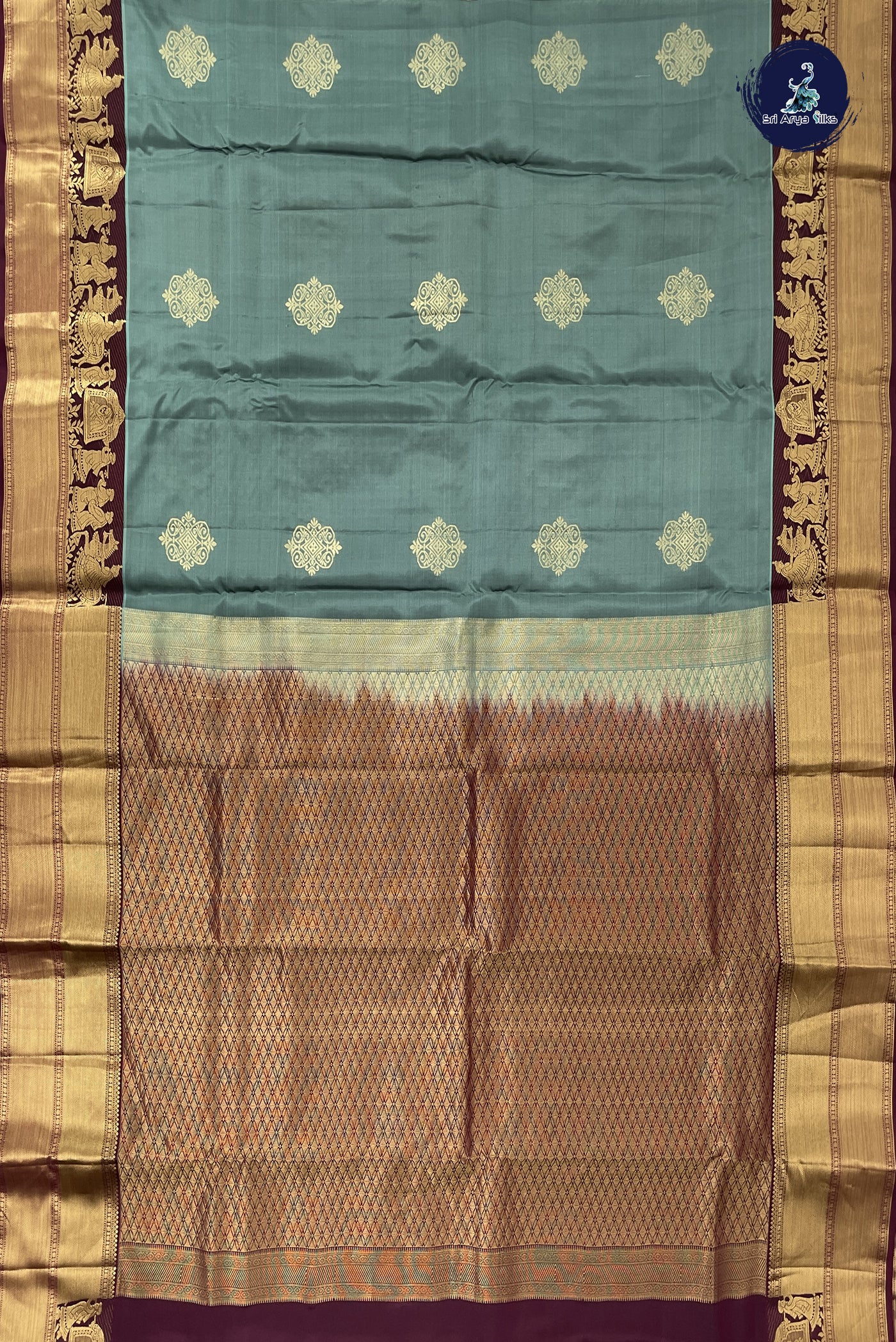 Greenish Grey Half Pure Silk Saree With Zari Buttas Pattern