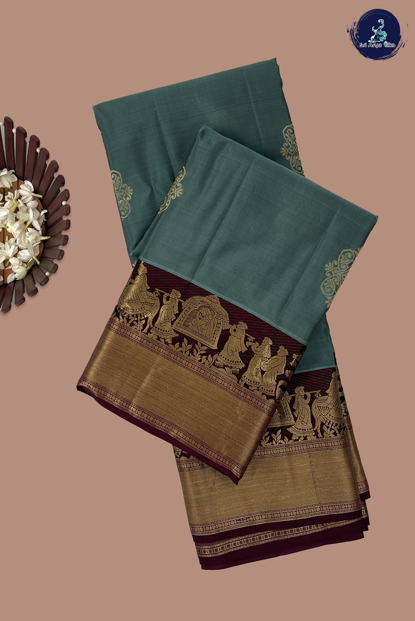 Greenish Grey Half Pure Silk Saree With Zari Buttas Pattern