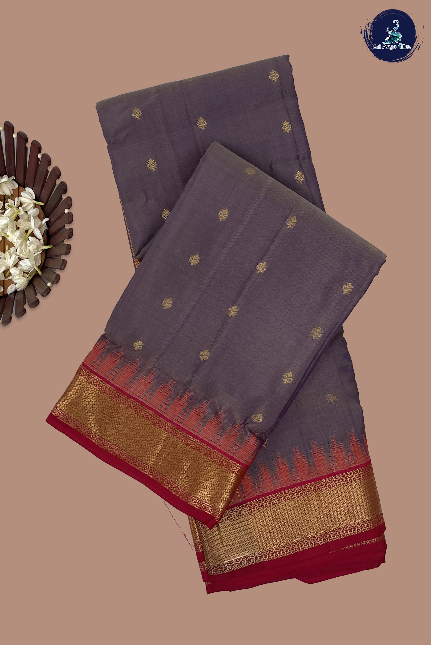 Mauve Grey Half Pure Silk Saree With Zari Buttas Pattern