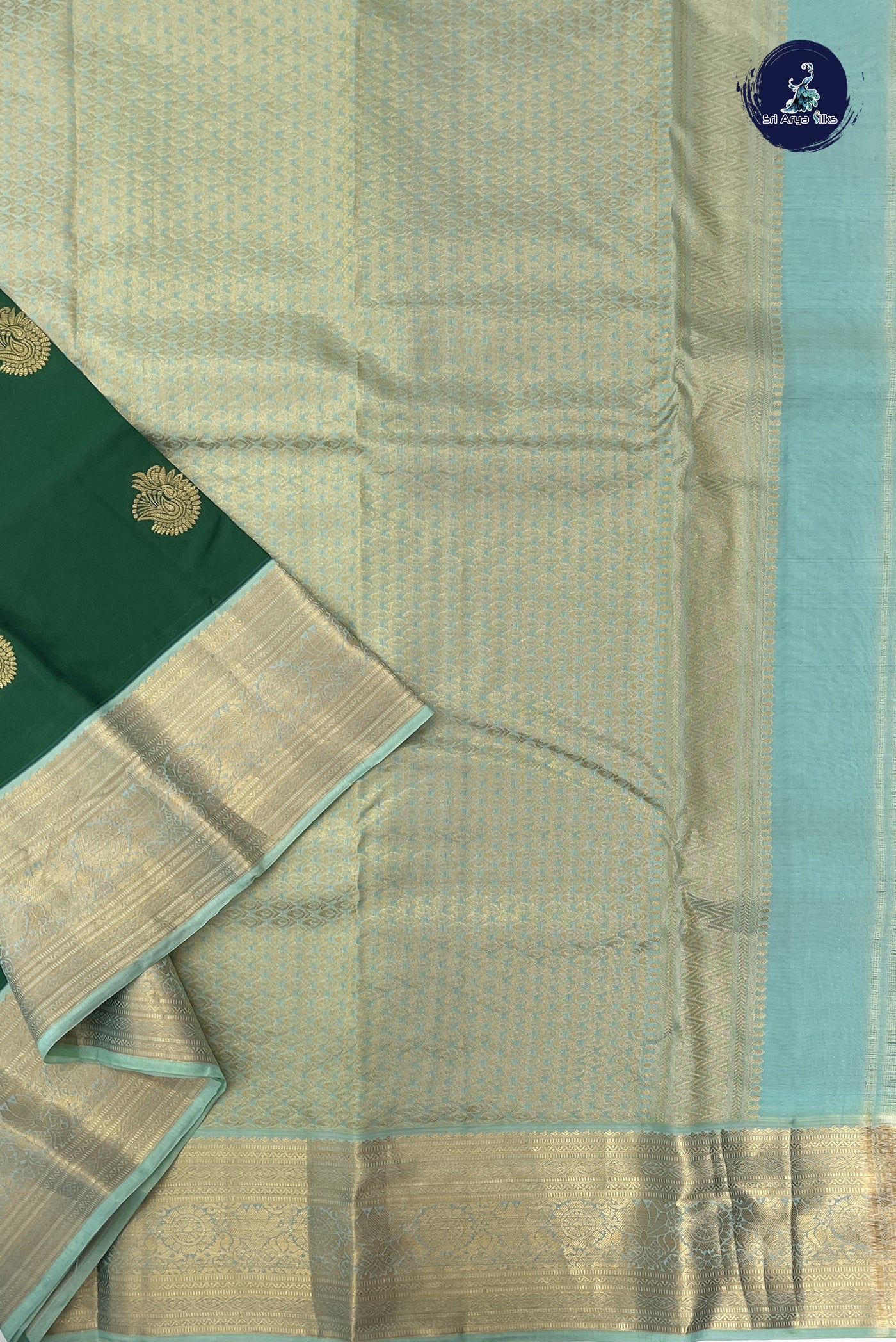 Bottle Green Half Pure Silk Saree With Zari Buttas Pattern
