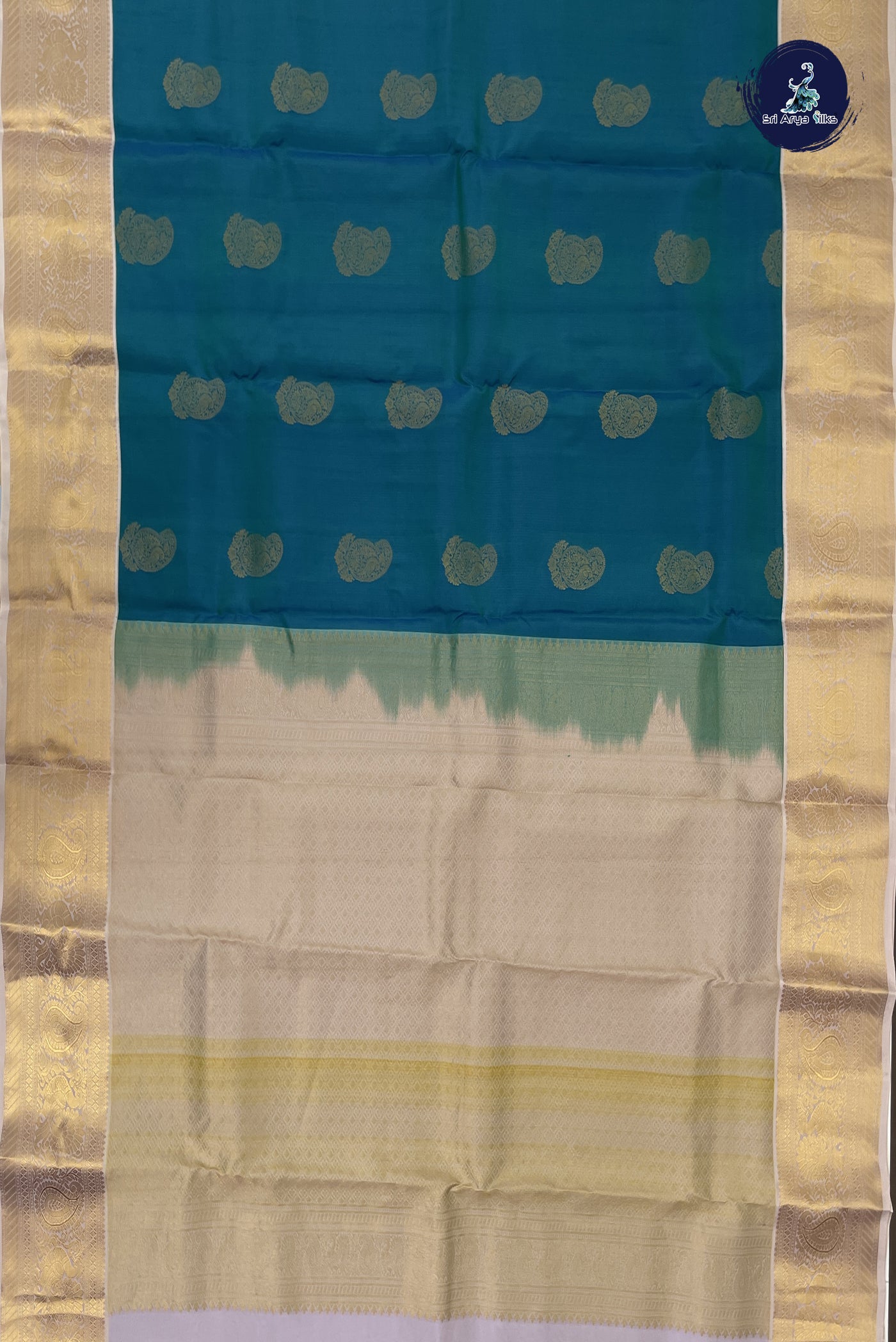 Teal Half Pure Silk Saree With Zari Buttas Pattern