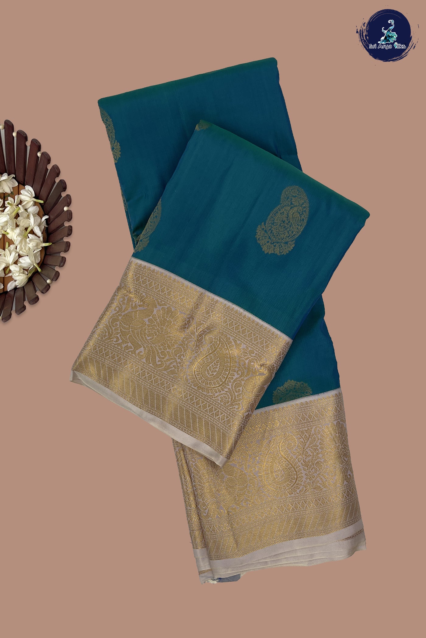 Teal Half Pure Silk Saree With Zari Buttas Pattern