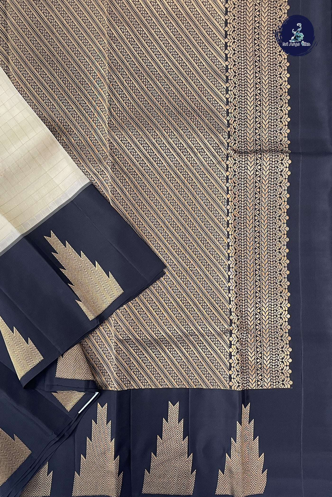 Off White Half Pure Silk Saree With Zari Checked Pattern