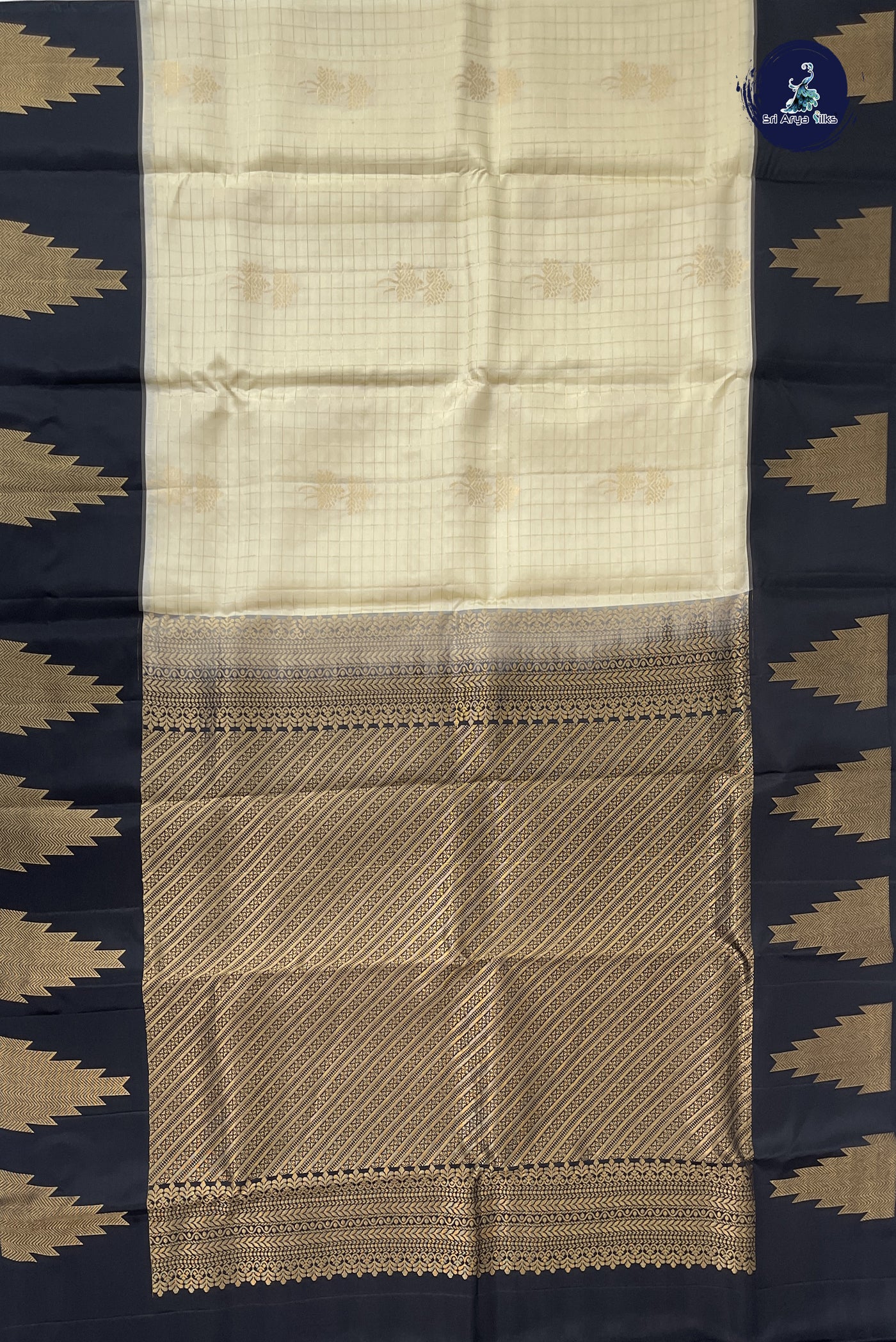 Off White Half Pure Silk Saree With Zari Checked Pattern