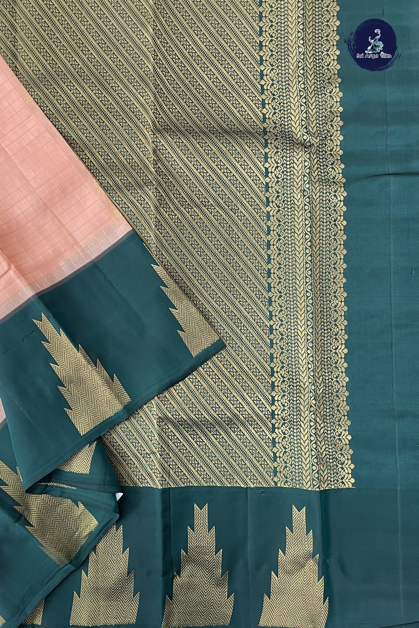 Peach Pink Half Pure Silk Saree With Zari Checked Pattern