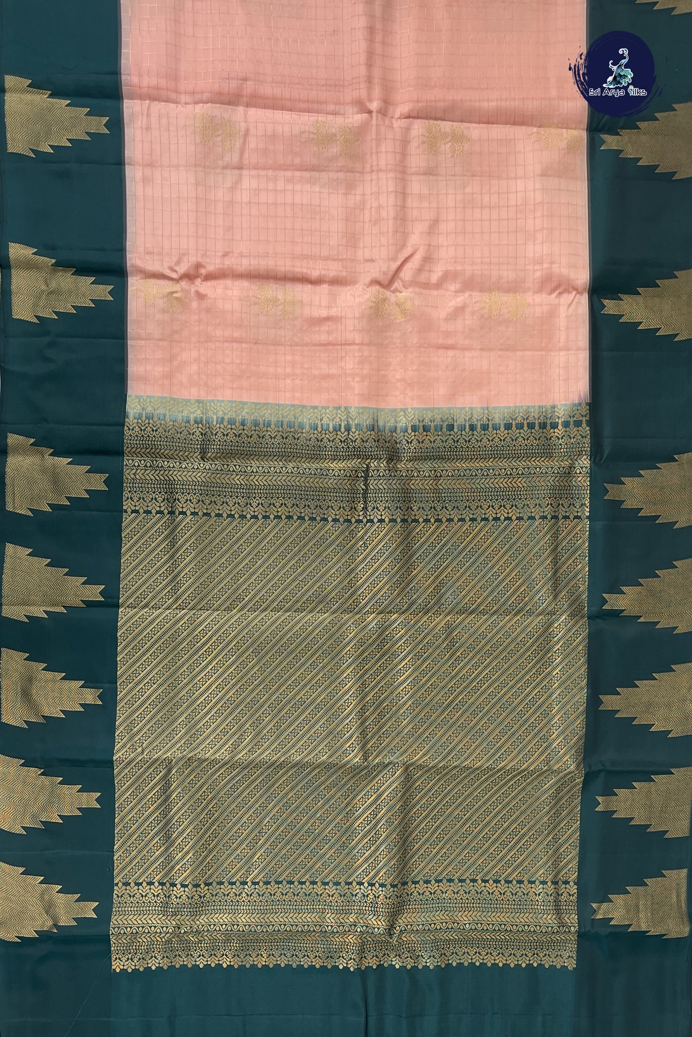 Peach Pink Half Pure Silk Saree With Zari Checked Pattern