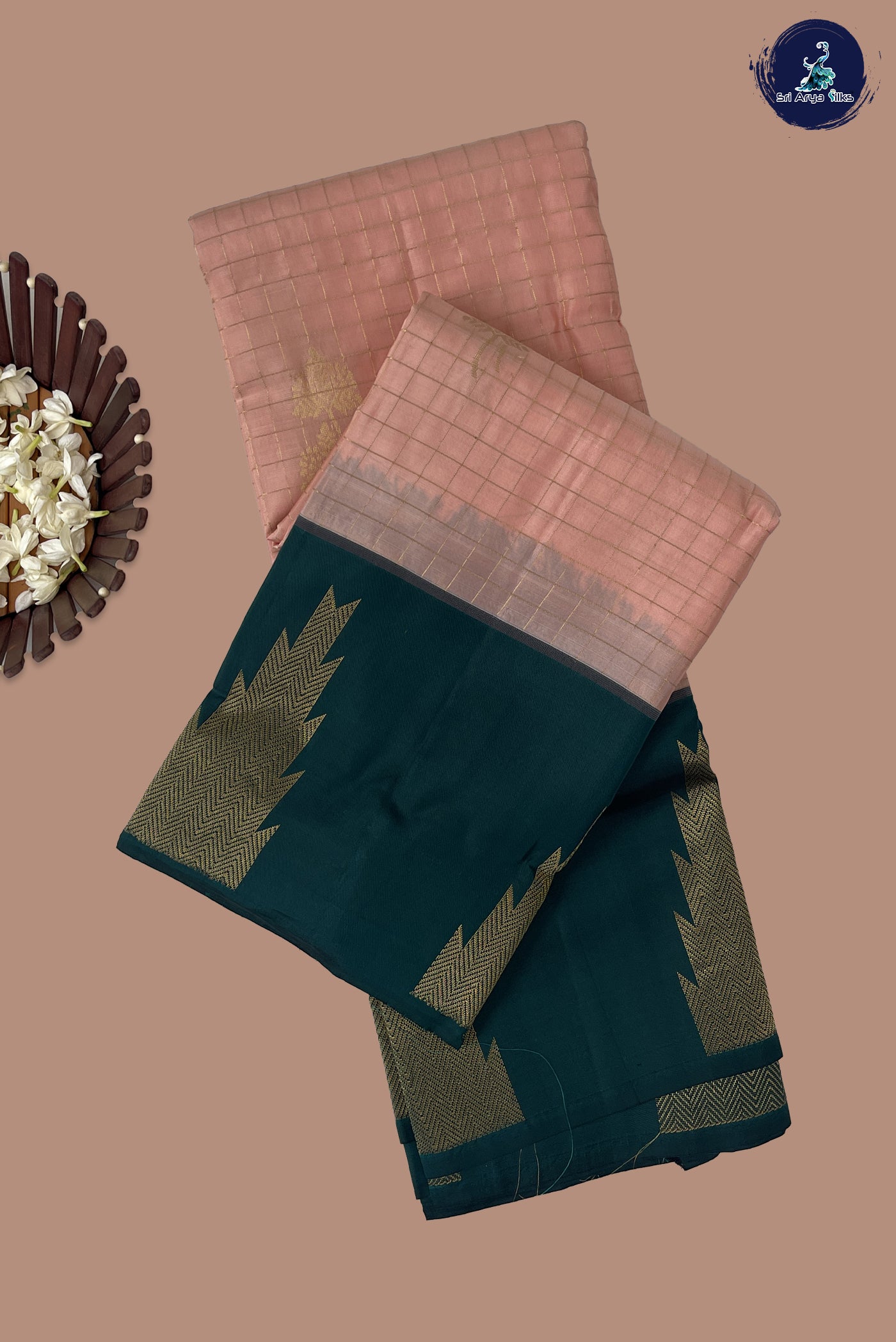 Peach Pink Half Pure Silk Saree With Zari Checked Pattern