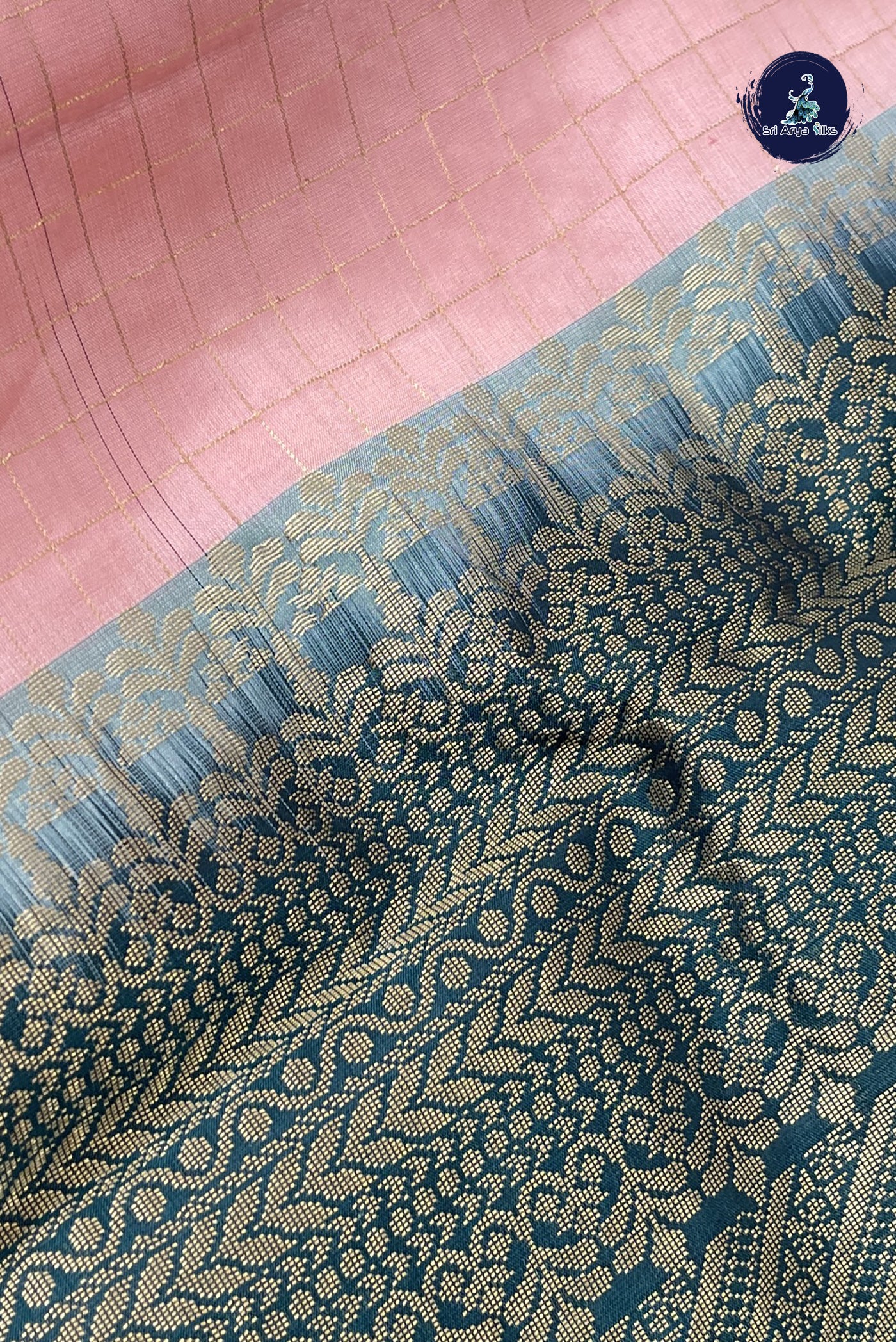 Peach Pink Half Pure Silk Saree With Zari Checked Pattern