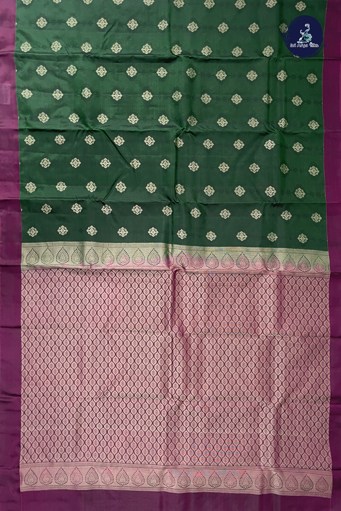 Bottle Green Half Pure Silk Saree With Embossed Pattern