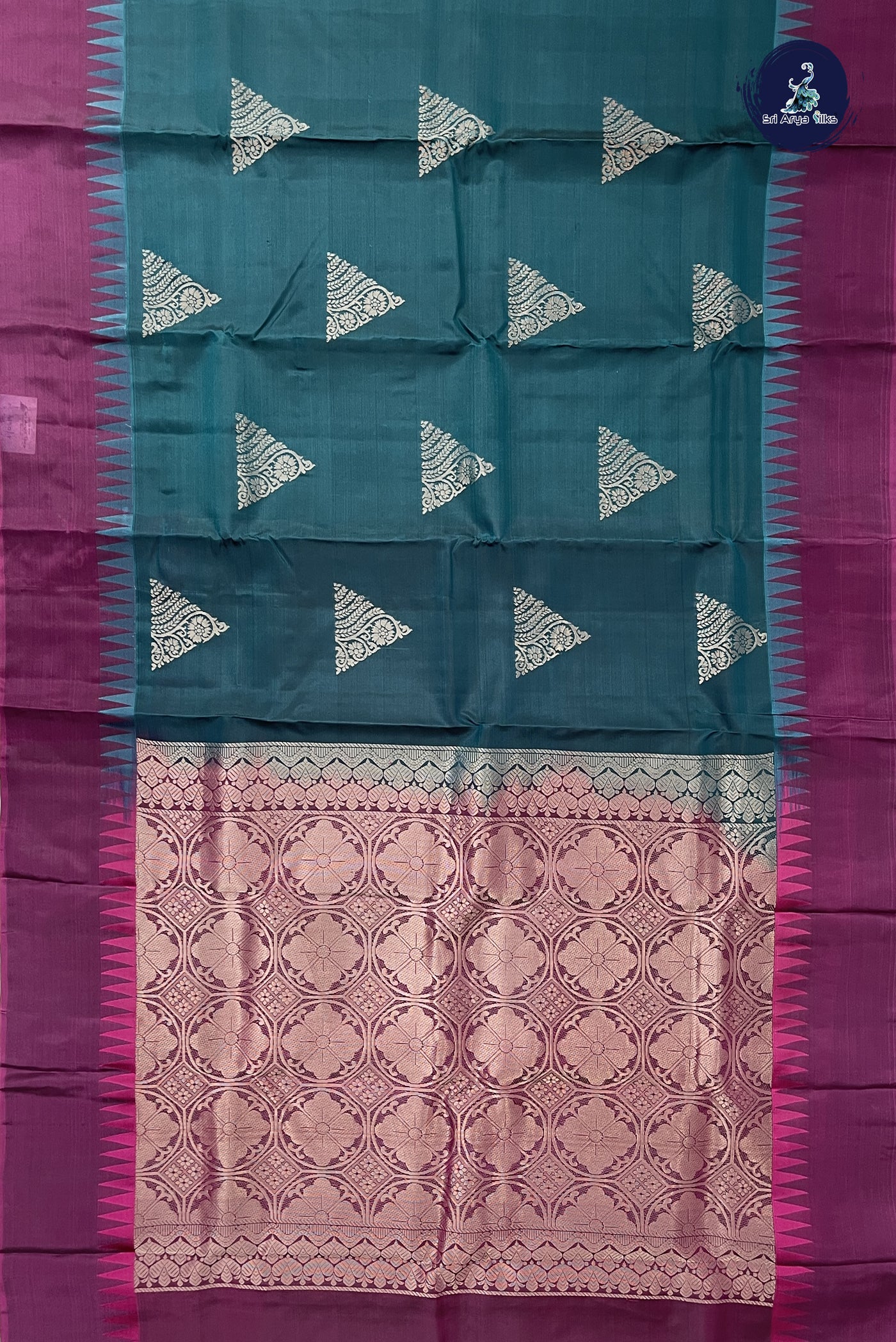 Peacock Blue Half Pure Silk Saree With Plain Pattern