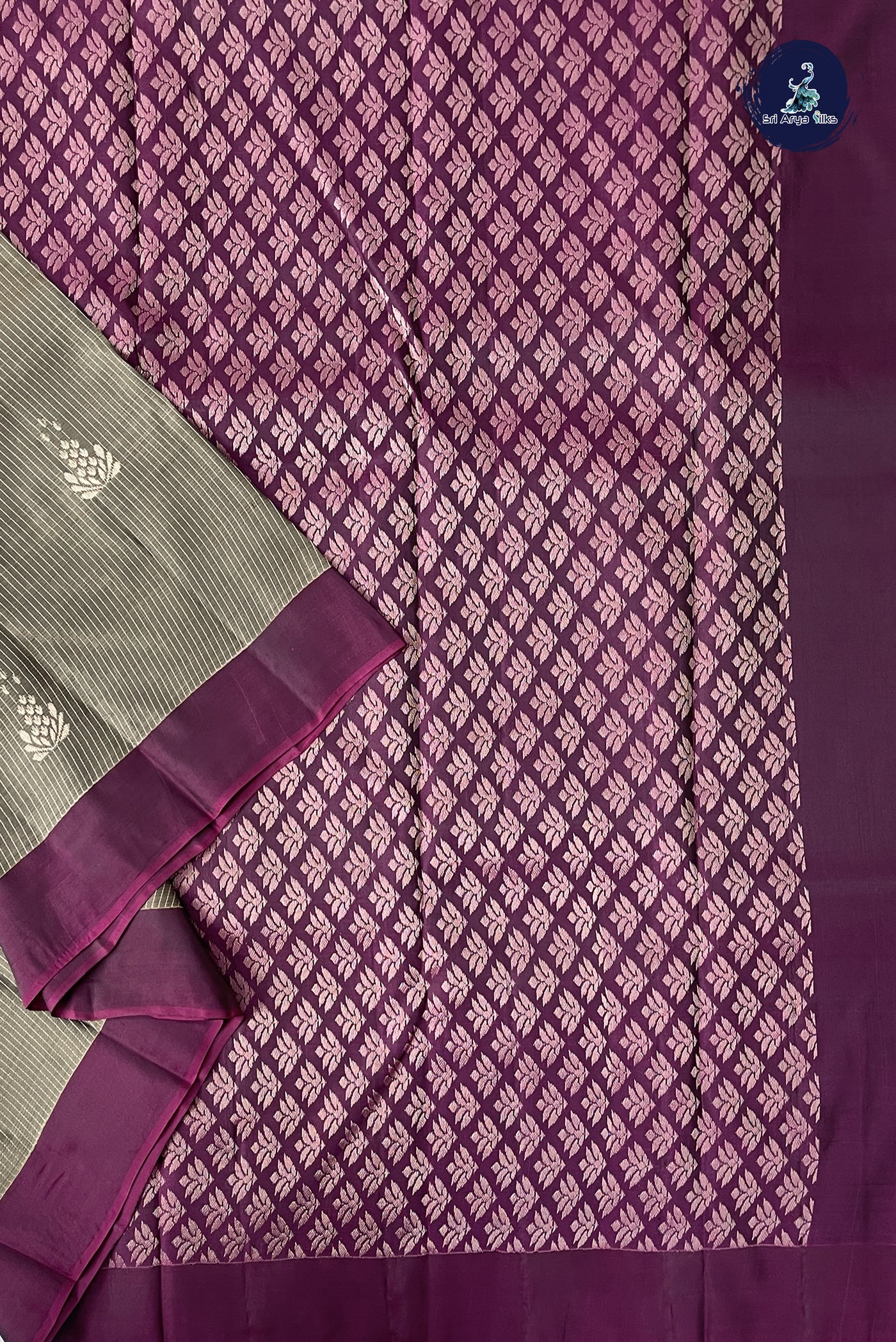 Dual Tone Grey Half Pure Silk Saree With Stripes Pattern
