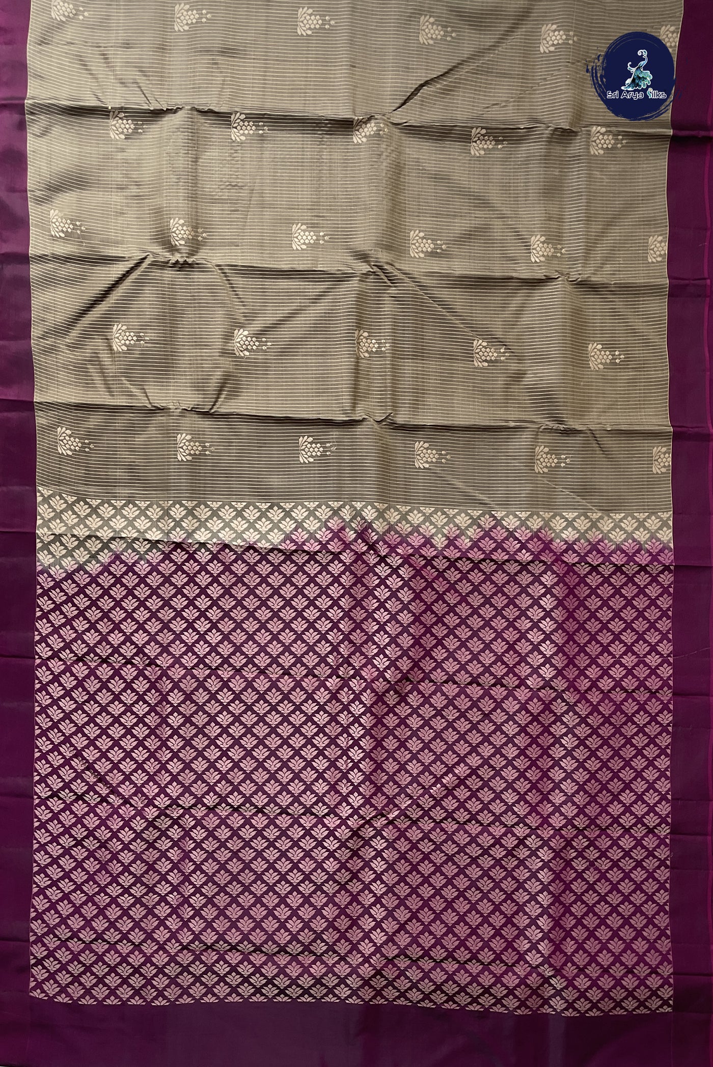 Dual Tone Grey Half Pure Silk Saree With Stripes Pattern