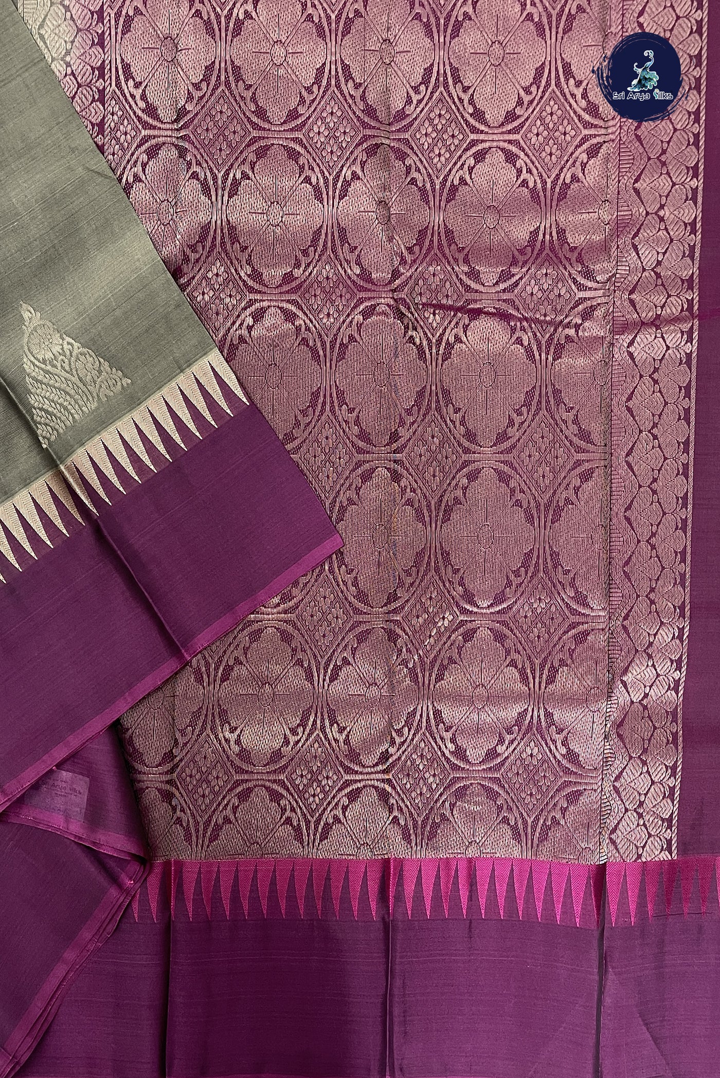 Greenish Grey Half Pure Silk Saree With Embossed Pattern