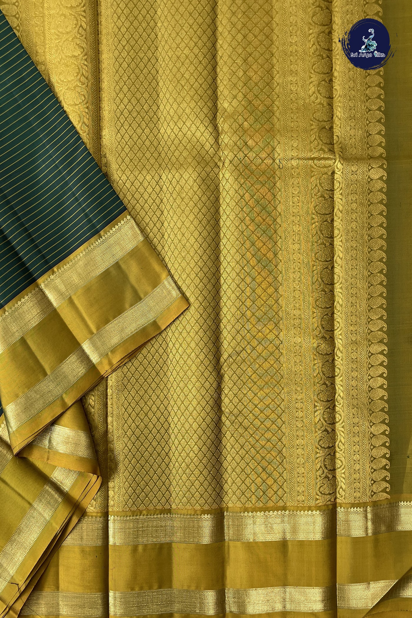 Bottle Green Light Weight Silk Saree With Stripes Pattern