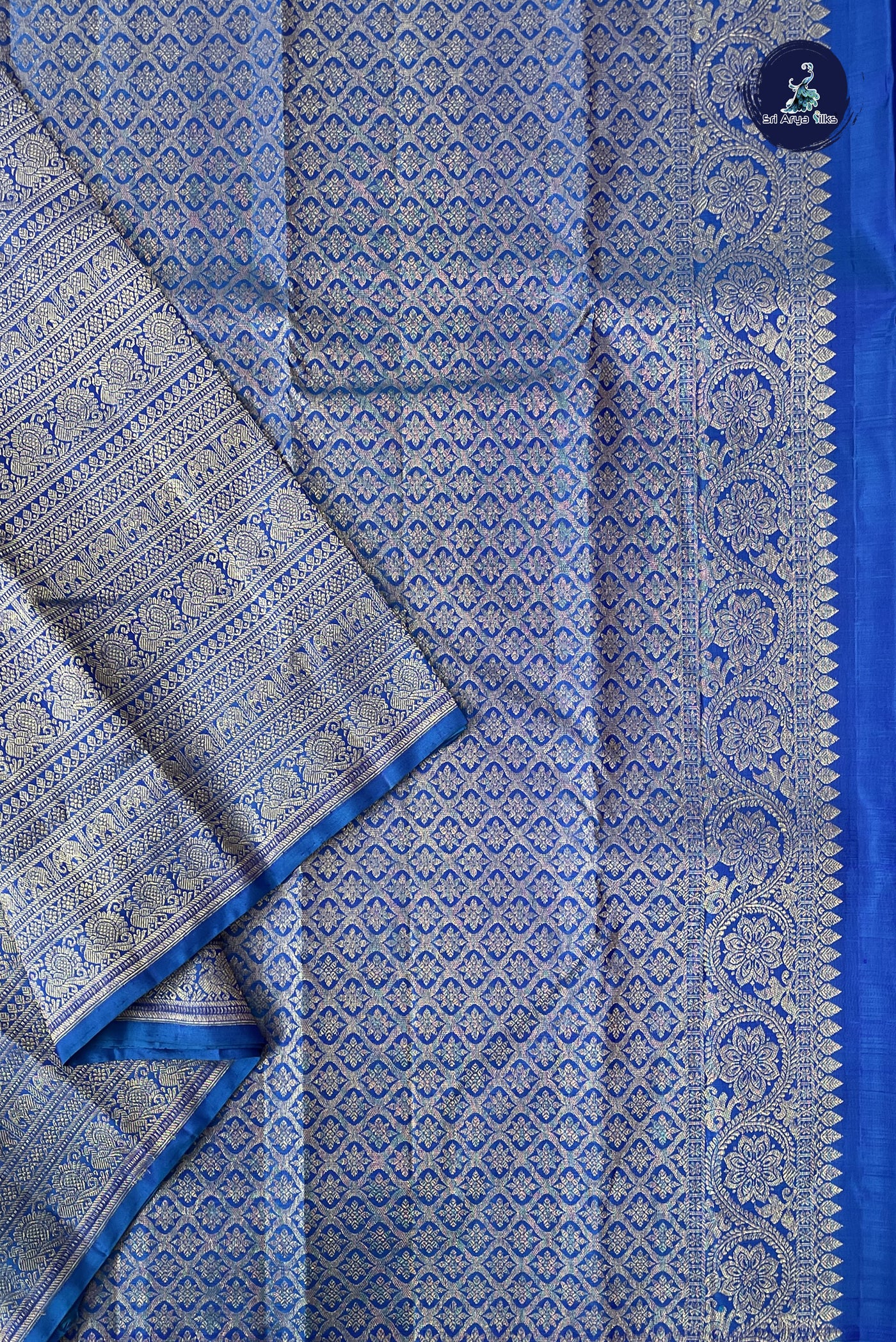 Dark Blue Half and Half Checked Silk Saree With Jacquard Pattern