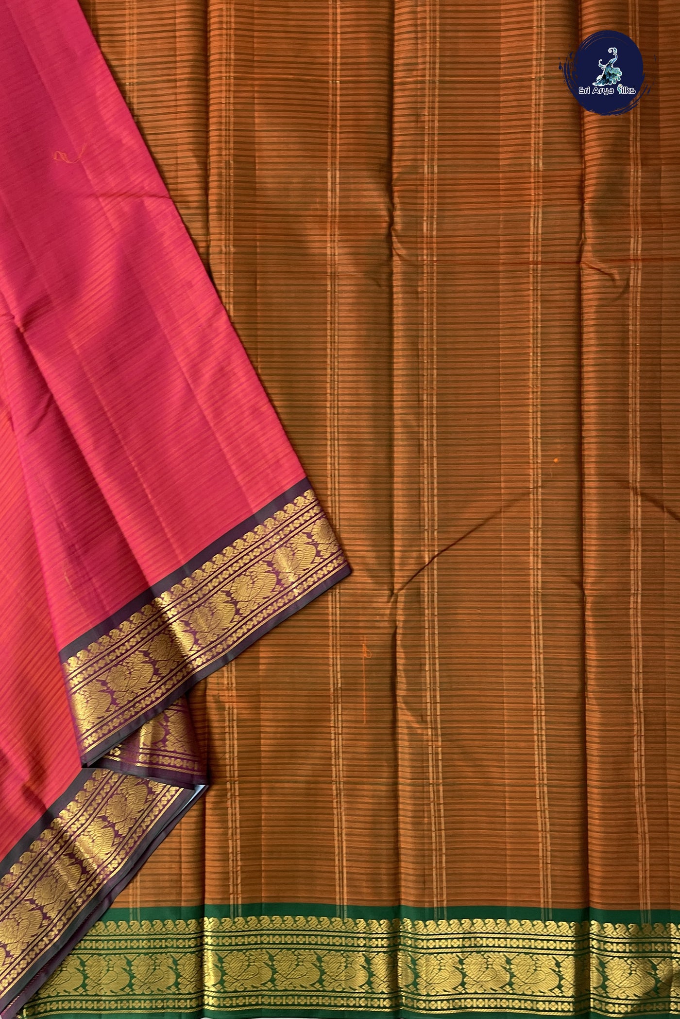 Orangish Pink Light Weight Silk Saree With Doria Lines Pattern