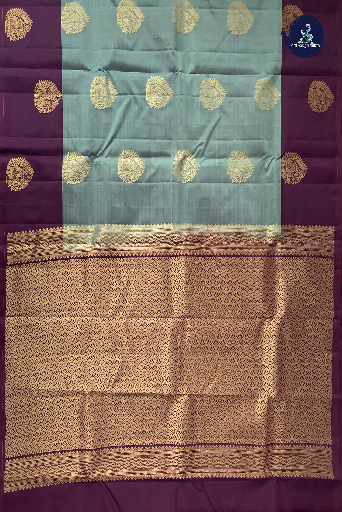 Greyish Green Half Pure Silk Saree With Zari Buttas Pattern