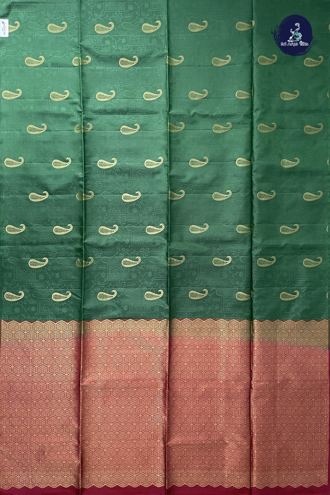 Dark Green Half Pure Silk Saree With Embossed Pattern