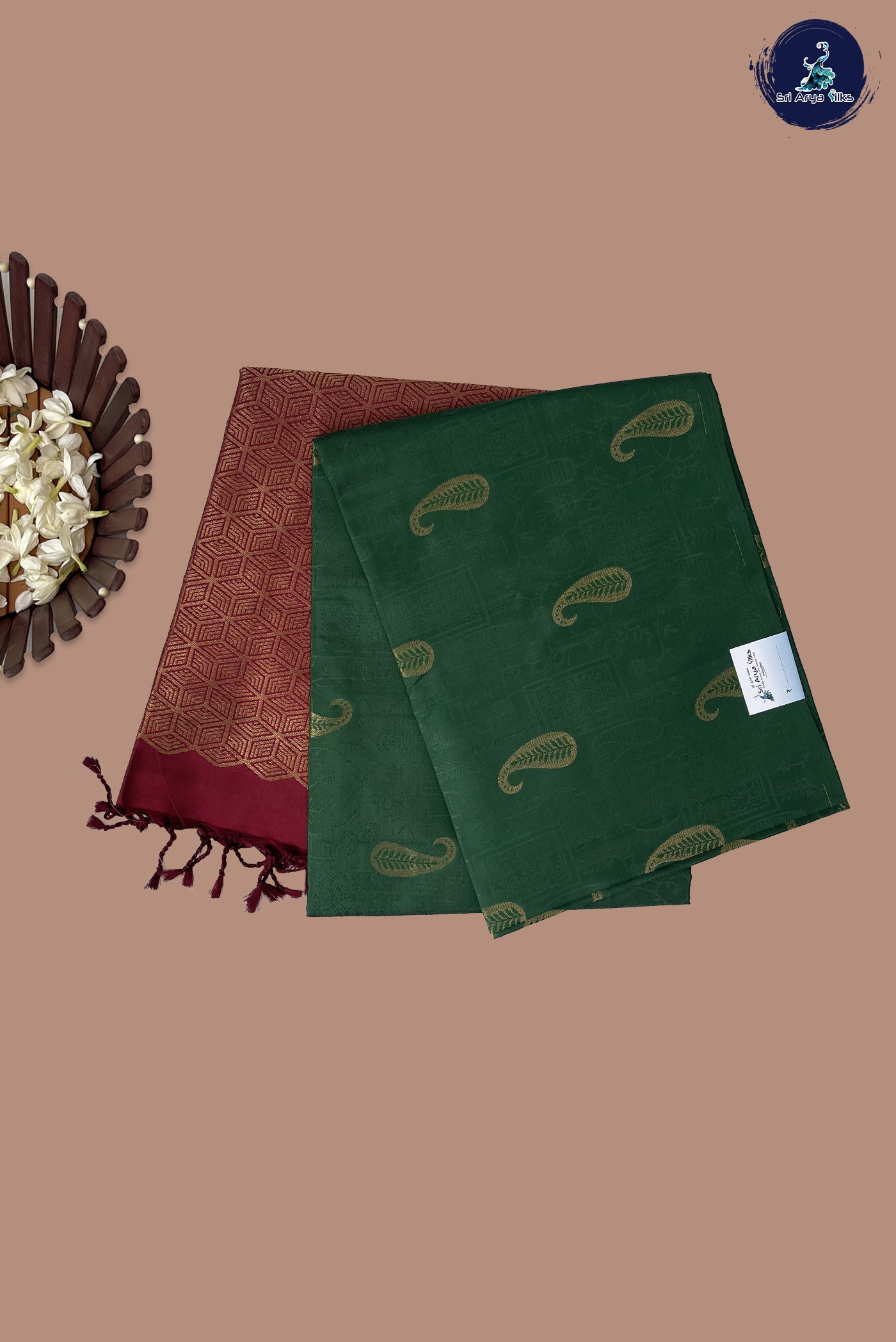 Dark Green Half Pure Silk Saree With Embossed Pattern