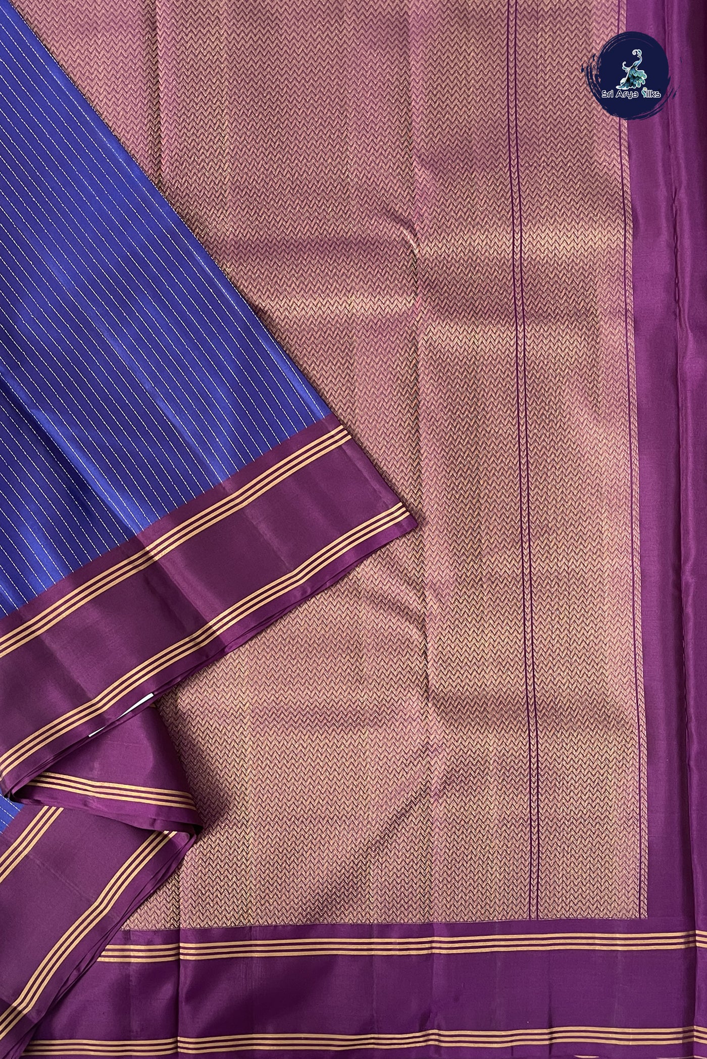 Dark Blue Half Pure Silk Saree With Stripes Pattern