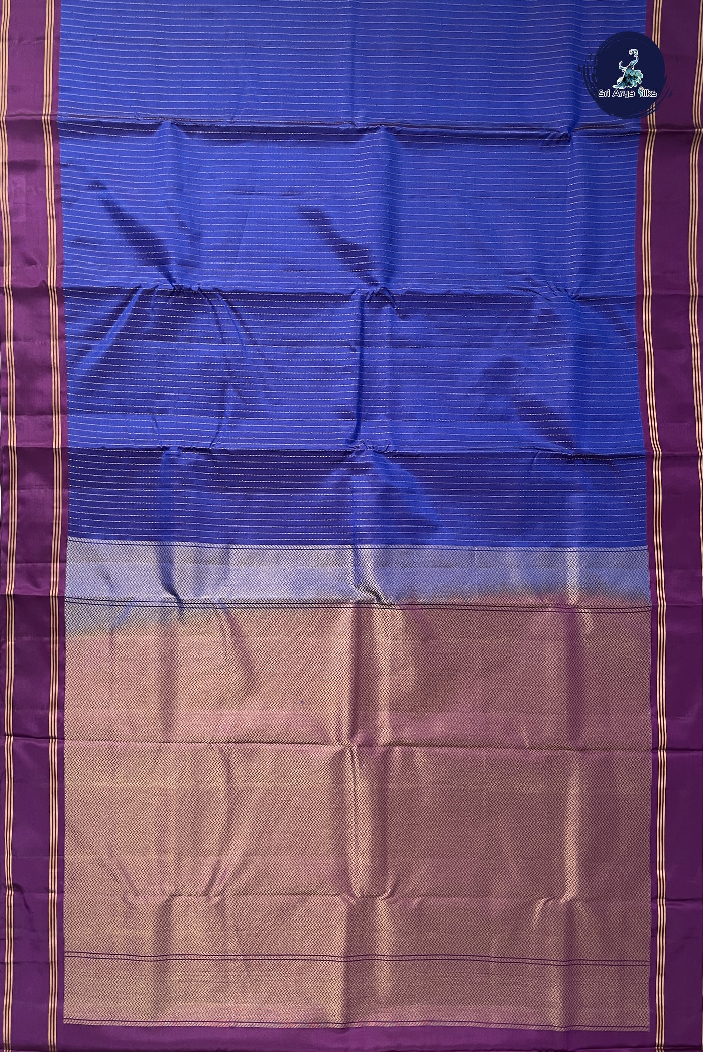 Dark Blue Half Pure Silk Saree With Stripes Pattern