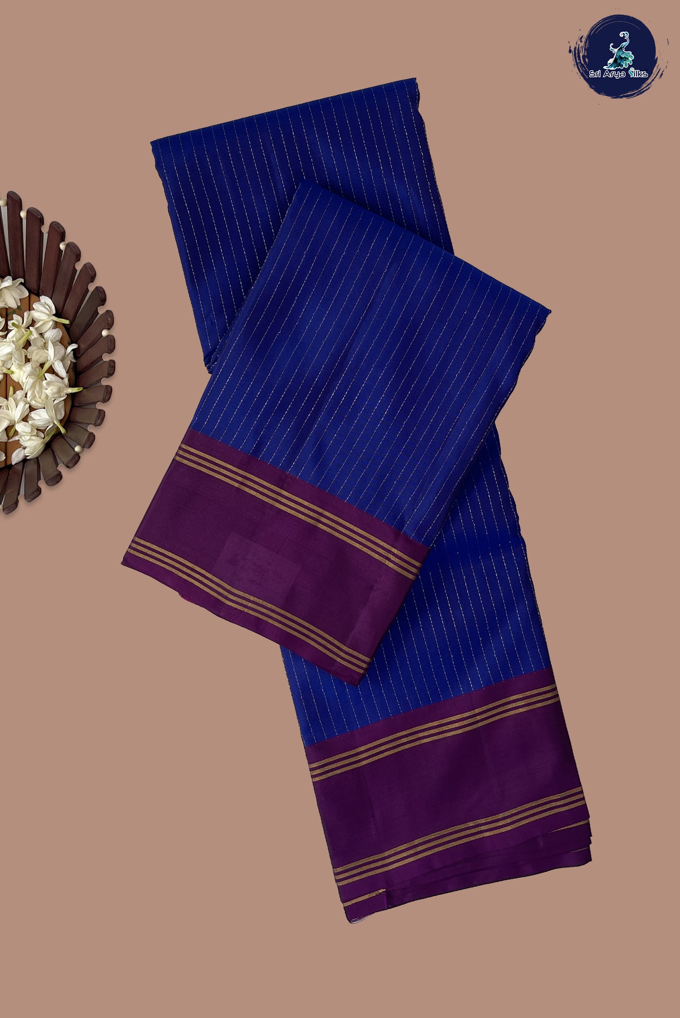 Dark Blue Half Pure Silk Saree With Stripes Pattern