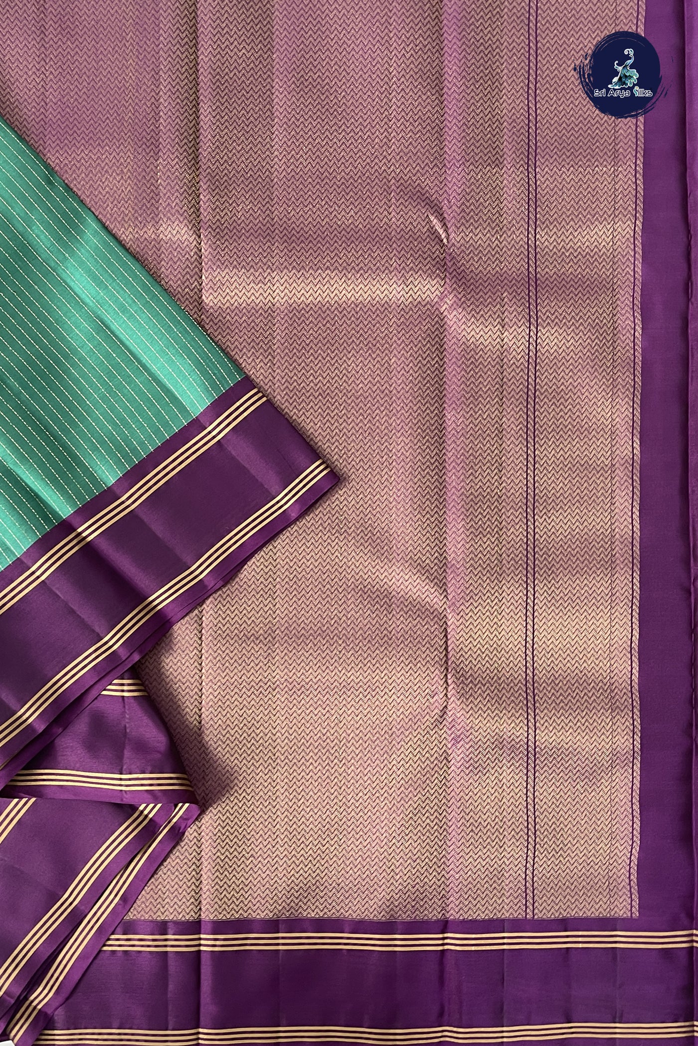 Teal Half Pure Silk Saree With Stripes Pattern