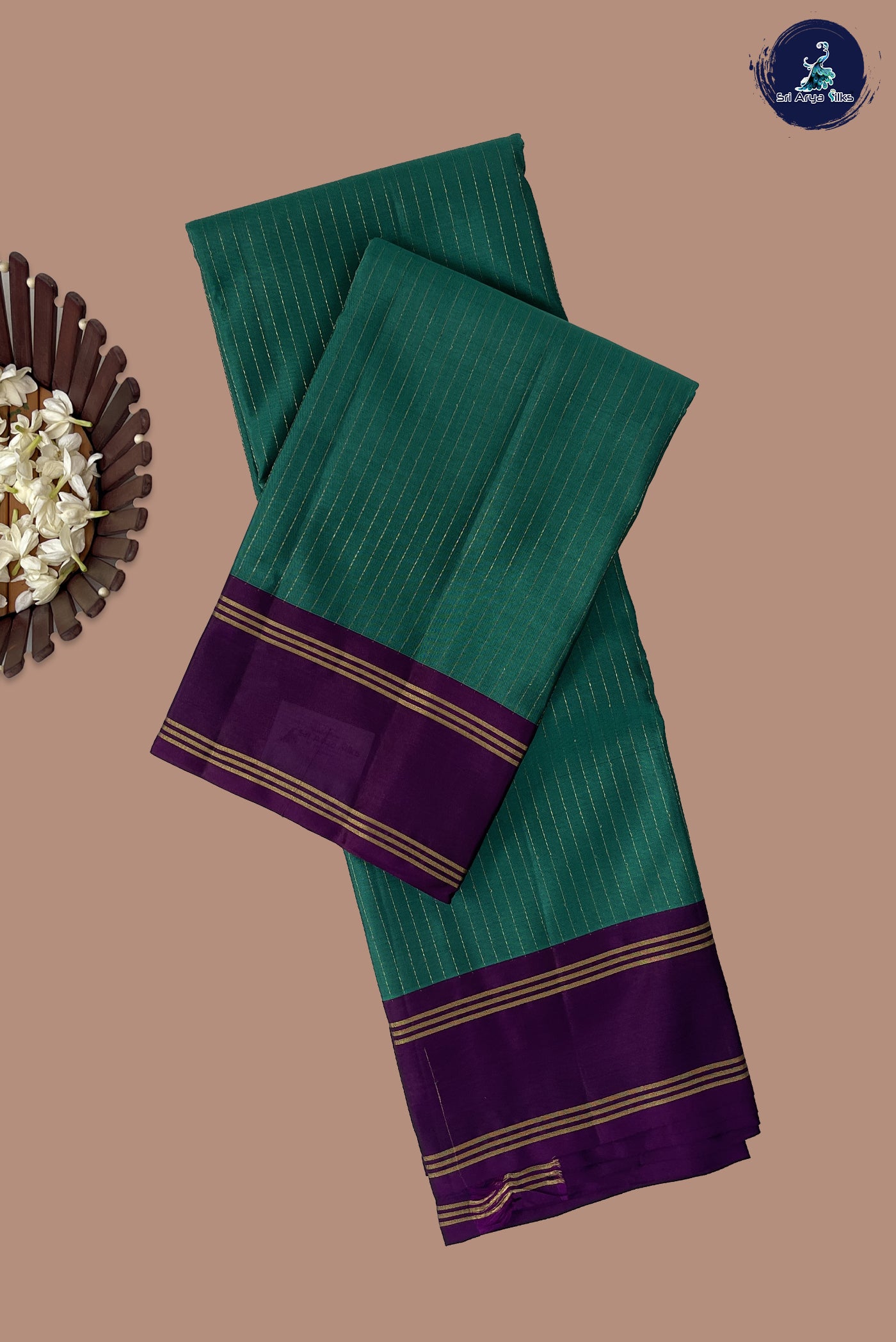 Teal Half Pure Silk Saree With Stripes Pattern