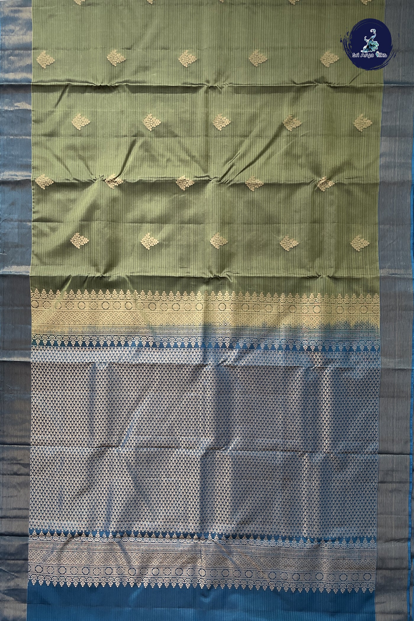 Military Green Half Pure Silk Saree With Zari Buttas Pattern