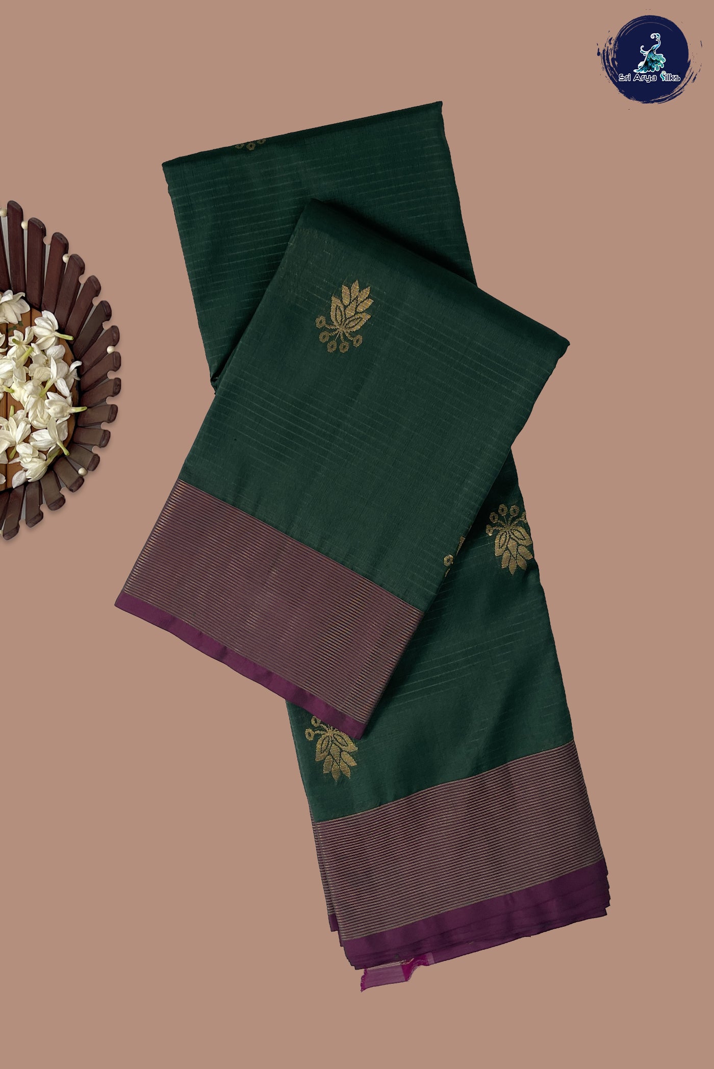 Dark Green Half Pure Silk Saree With Zari Buttas Pattern