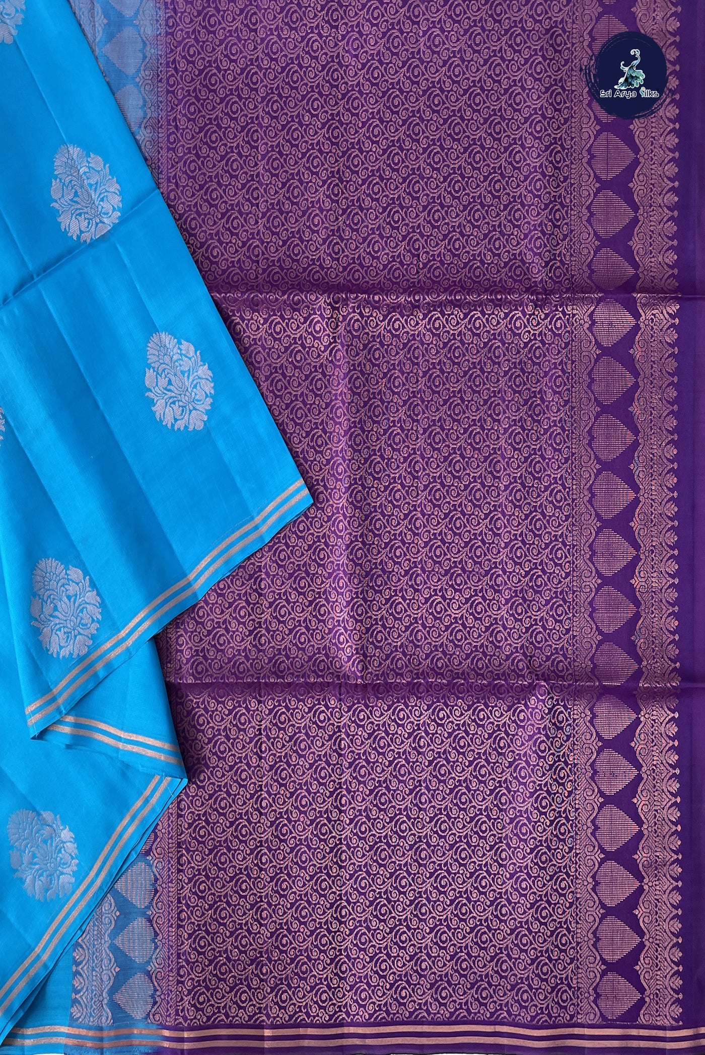 Copper Sulphate Blue Half Pure Silk Saree With Zari Buttas Pattern