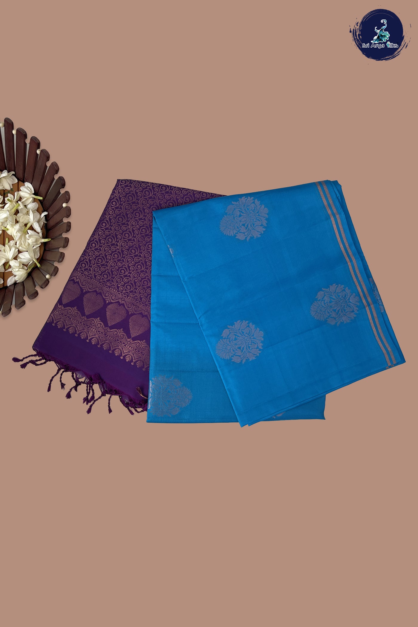 Copper Sulphate Blue Half Pure Silk Saree With Zari Buttas Pattern