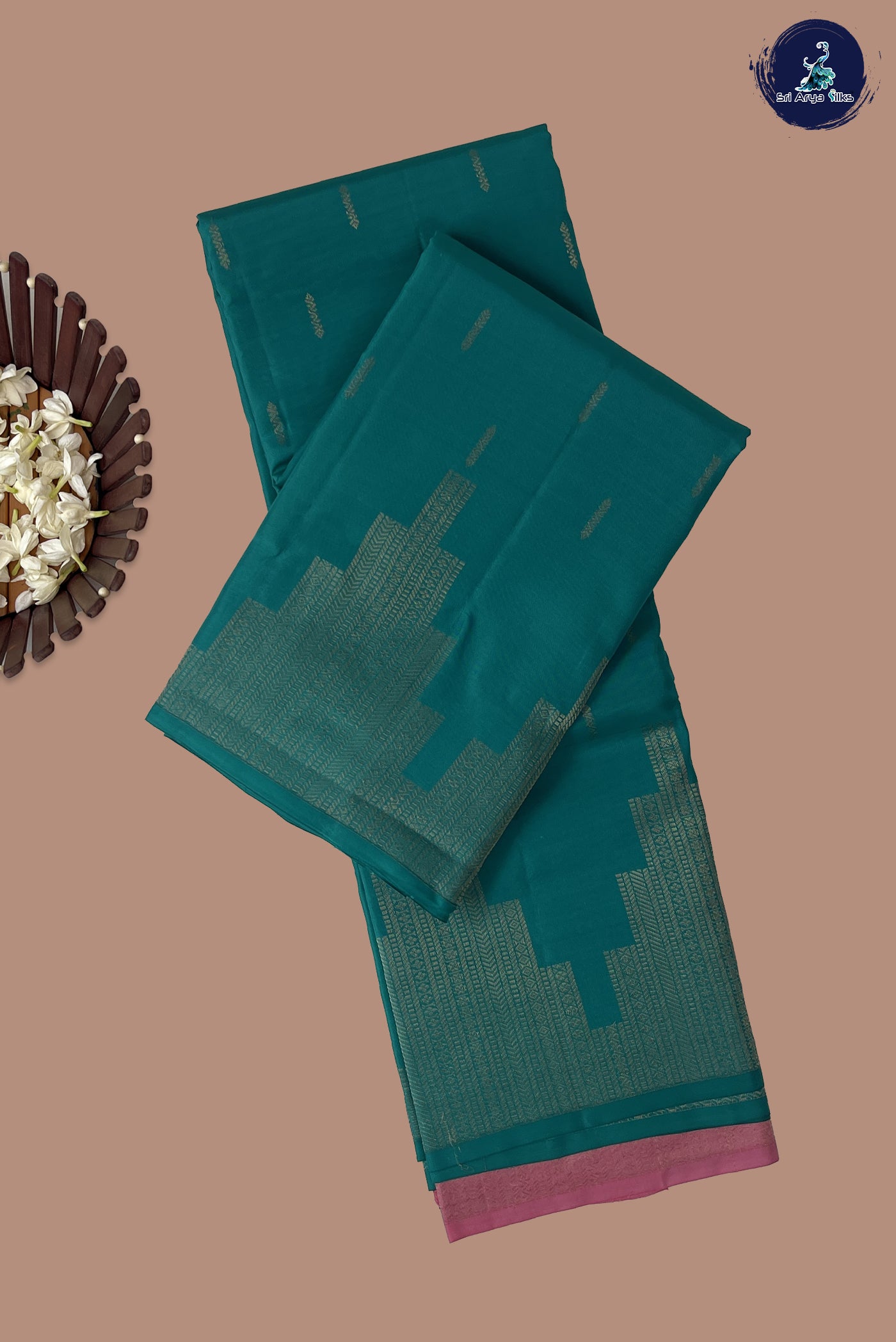 Teal Half Pure Silk Saree With Zari Buttas Pattern