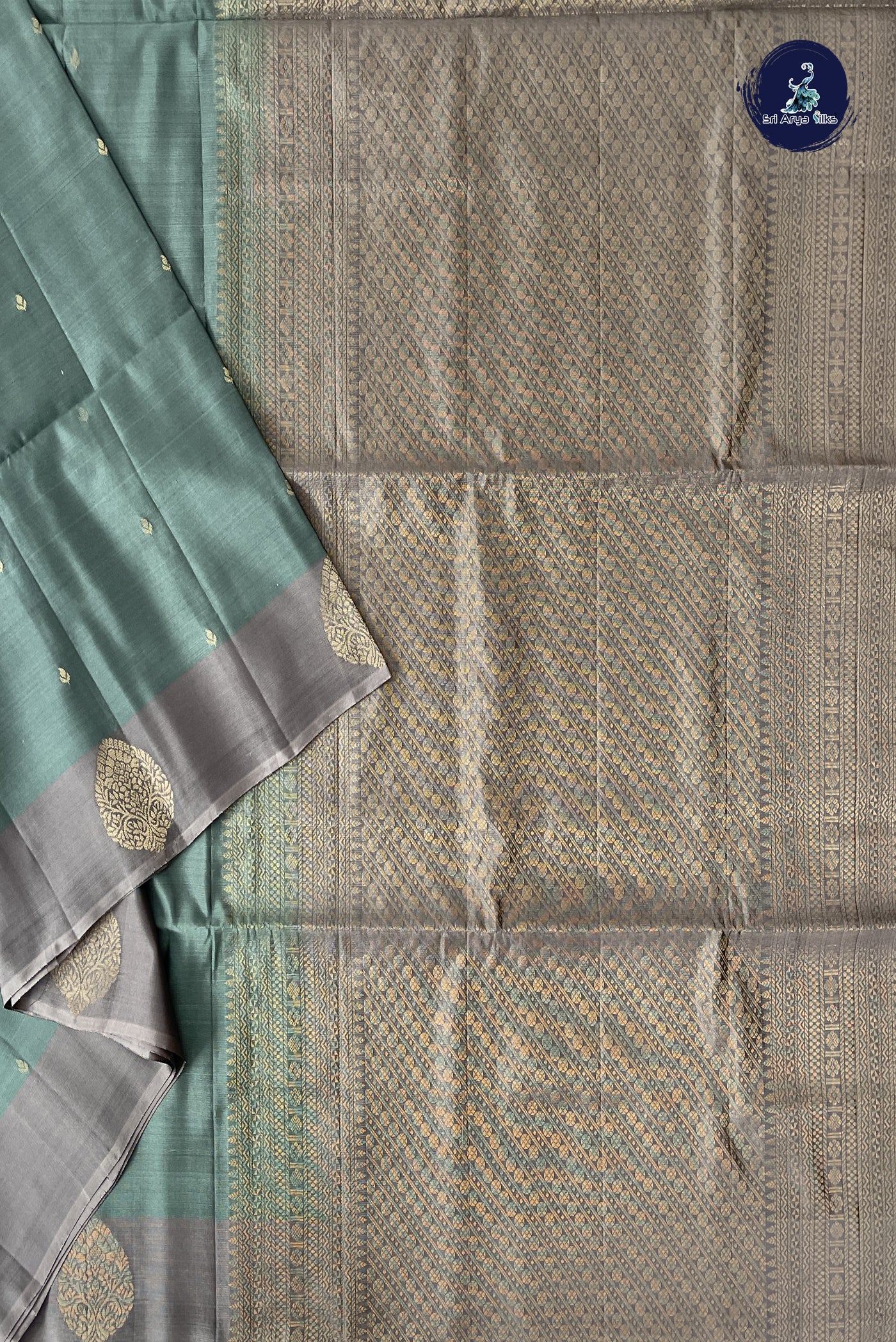 Greenish Grey Half Pure Silk Saree With Zari Buttas Pattern