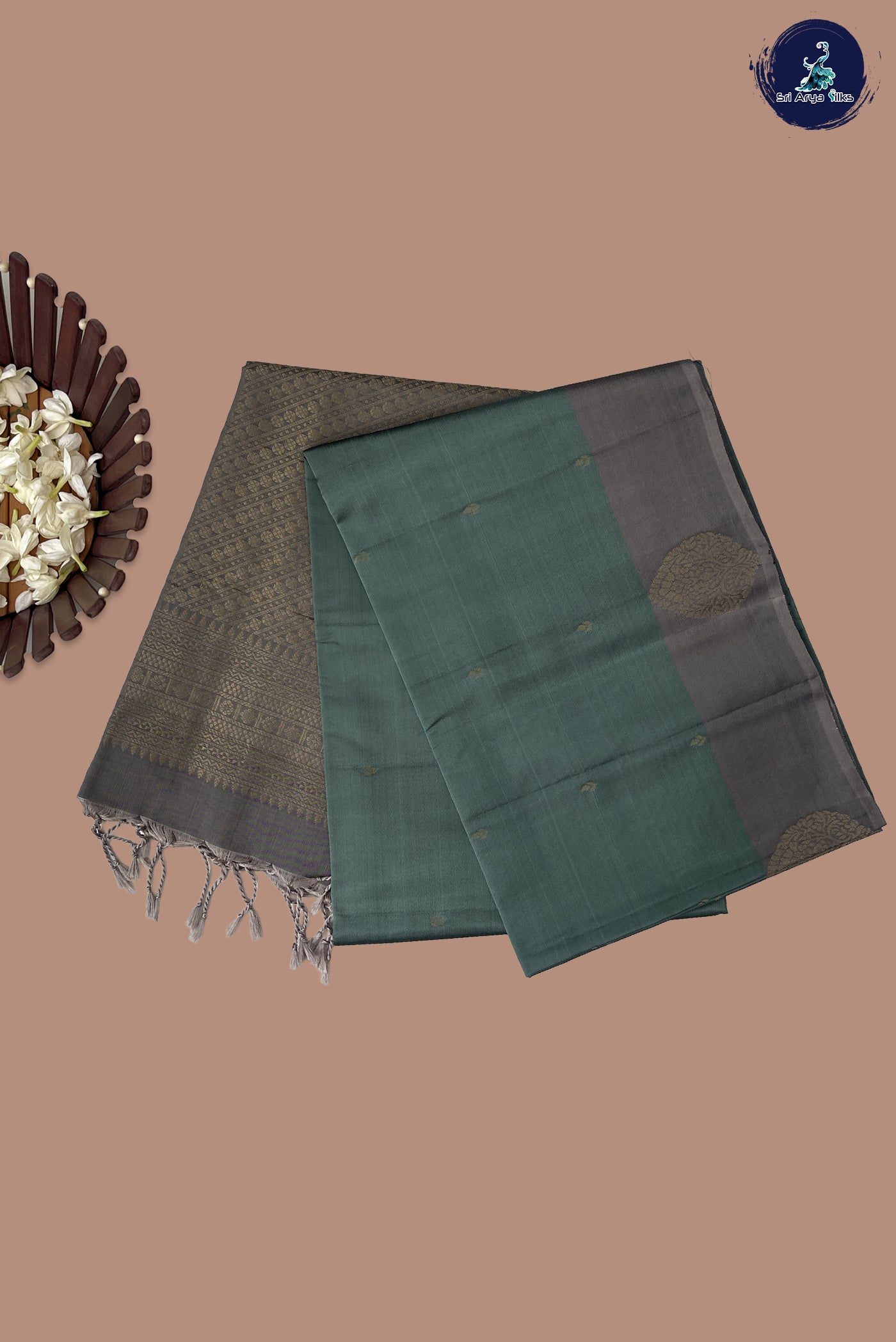 Greenish Grey Half Pure Silk Saree With Zari Buttas Pattern