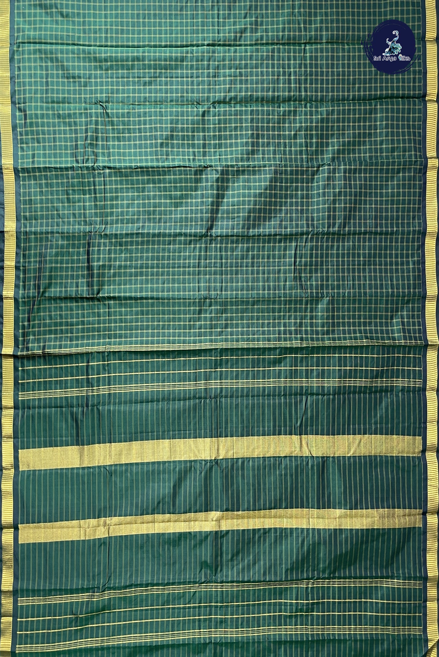 Dark Green Light Weight Silk Saree With Checked Pattern