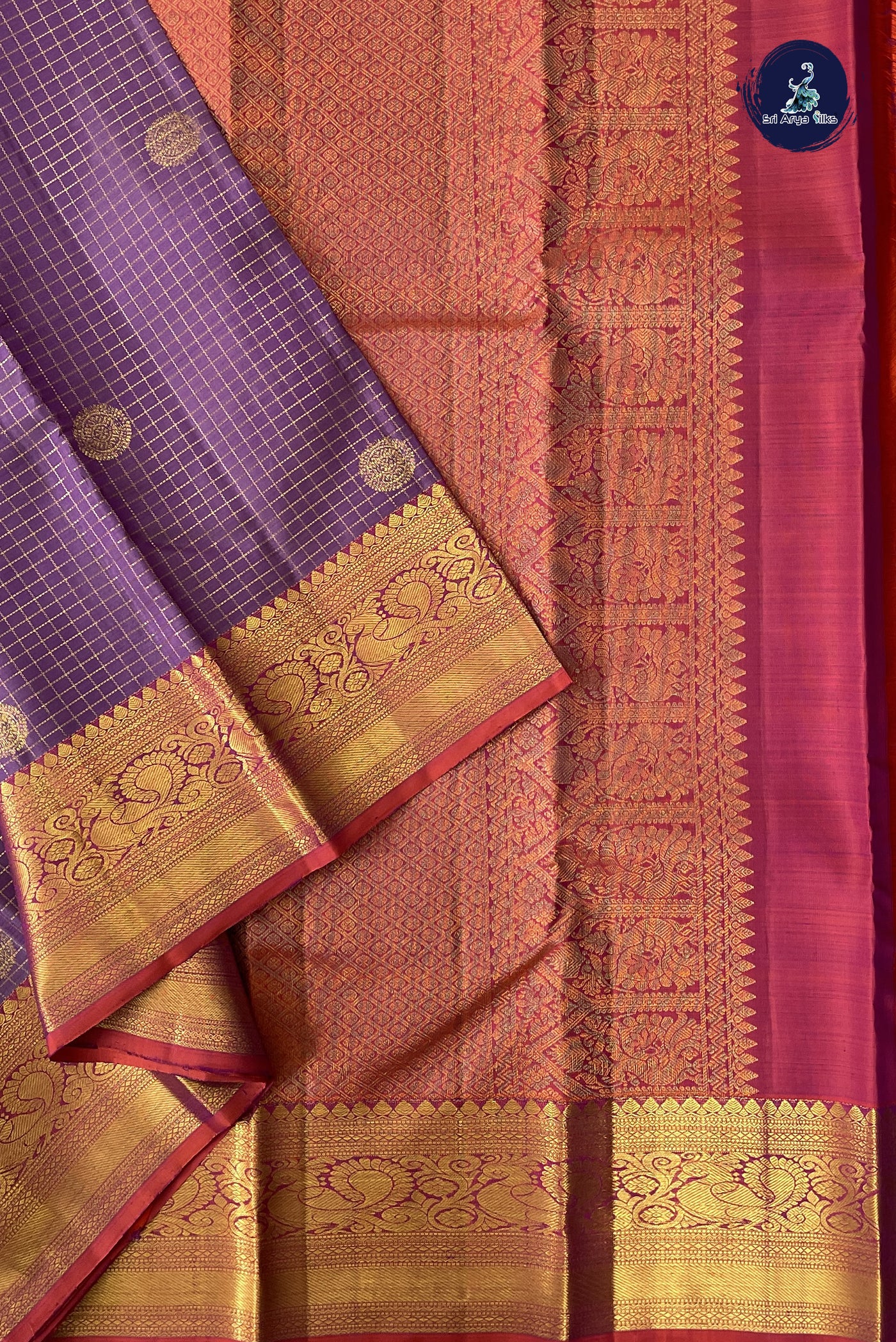 Lavender Korvai Contrast Silk Saree With Zari Checked Pattern