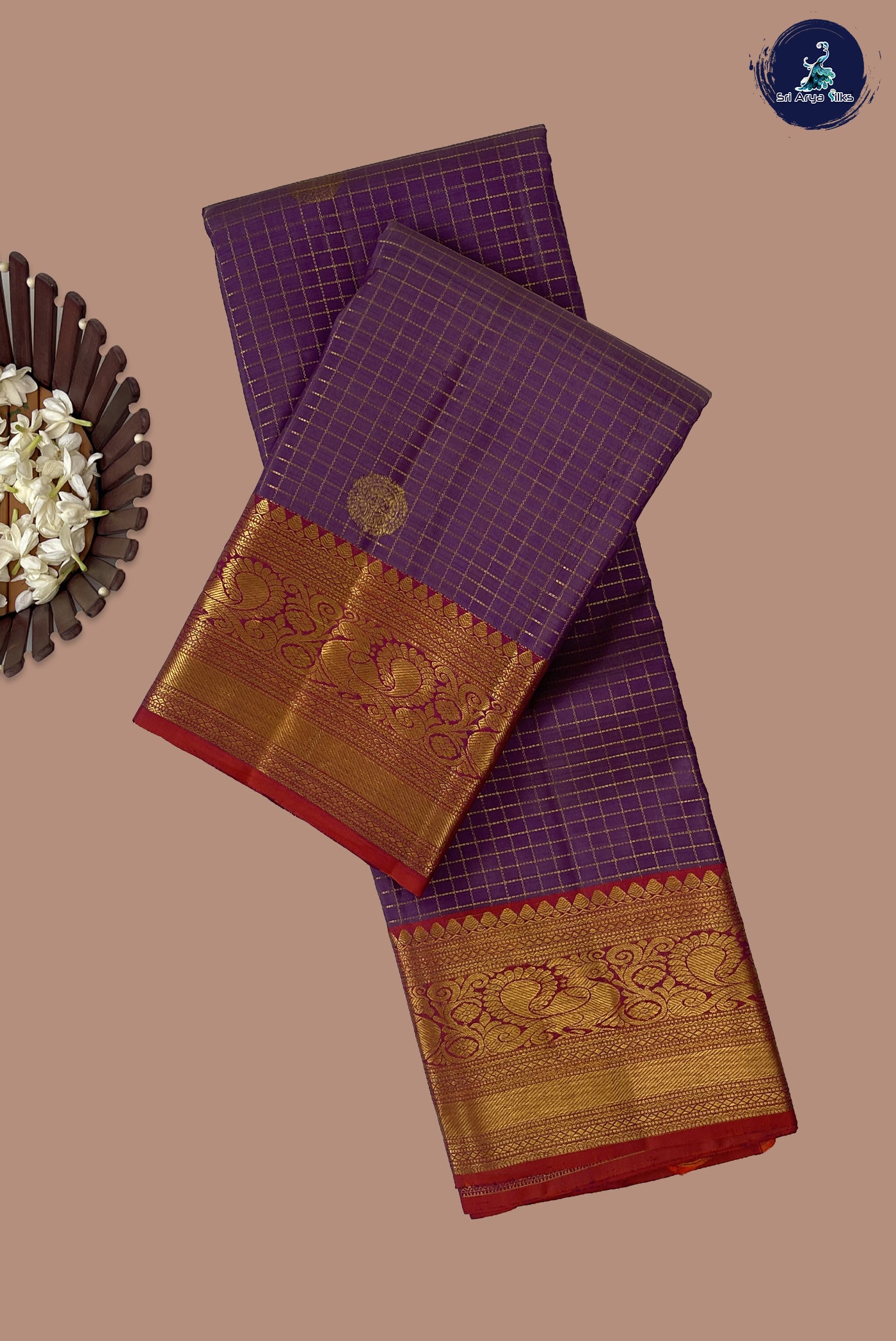 Lavender Korvai Contrast Silk Saree With Zari Checked Pattern