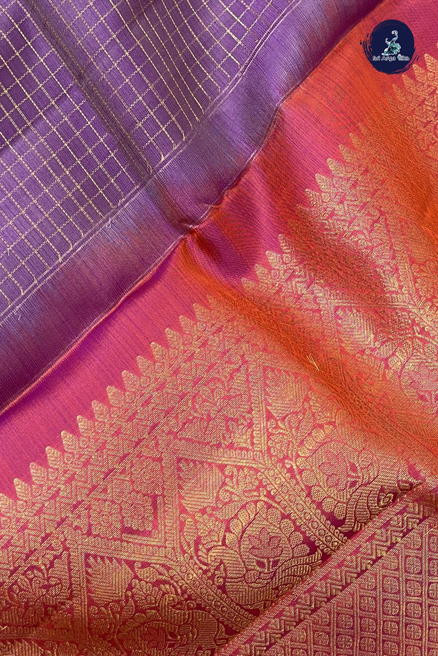 Lavender Korvai Contrast Silk Saree With Zari Checked Pattern