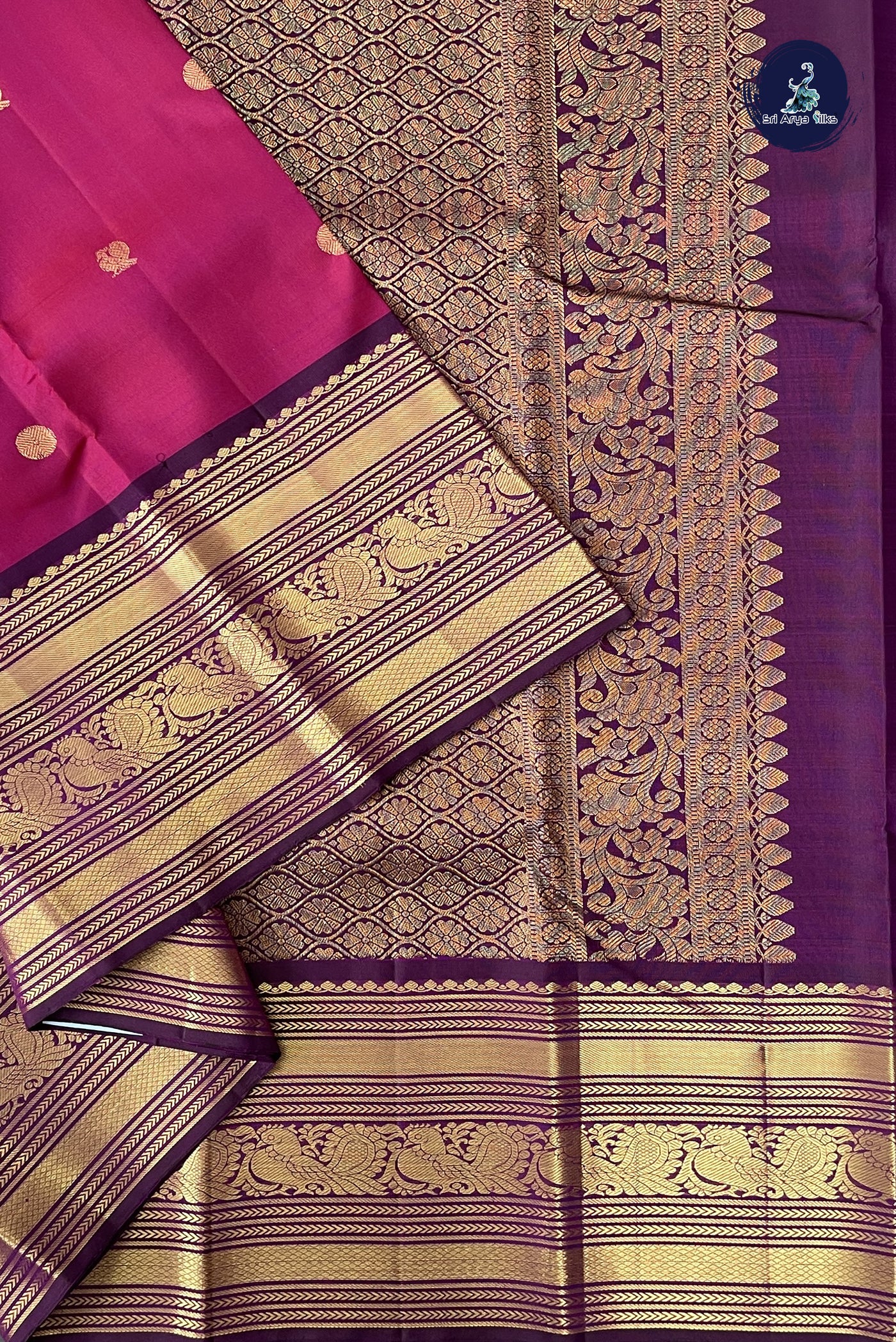 Dark Plum Korvai Contrast Silk Saree With Zari Buttas Pattern