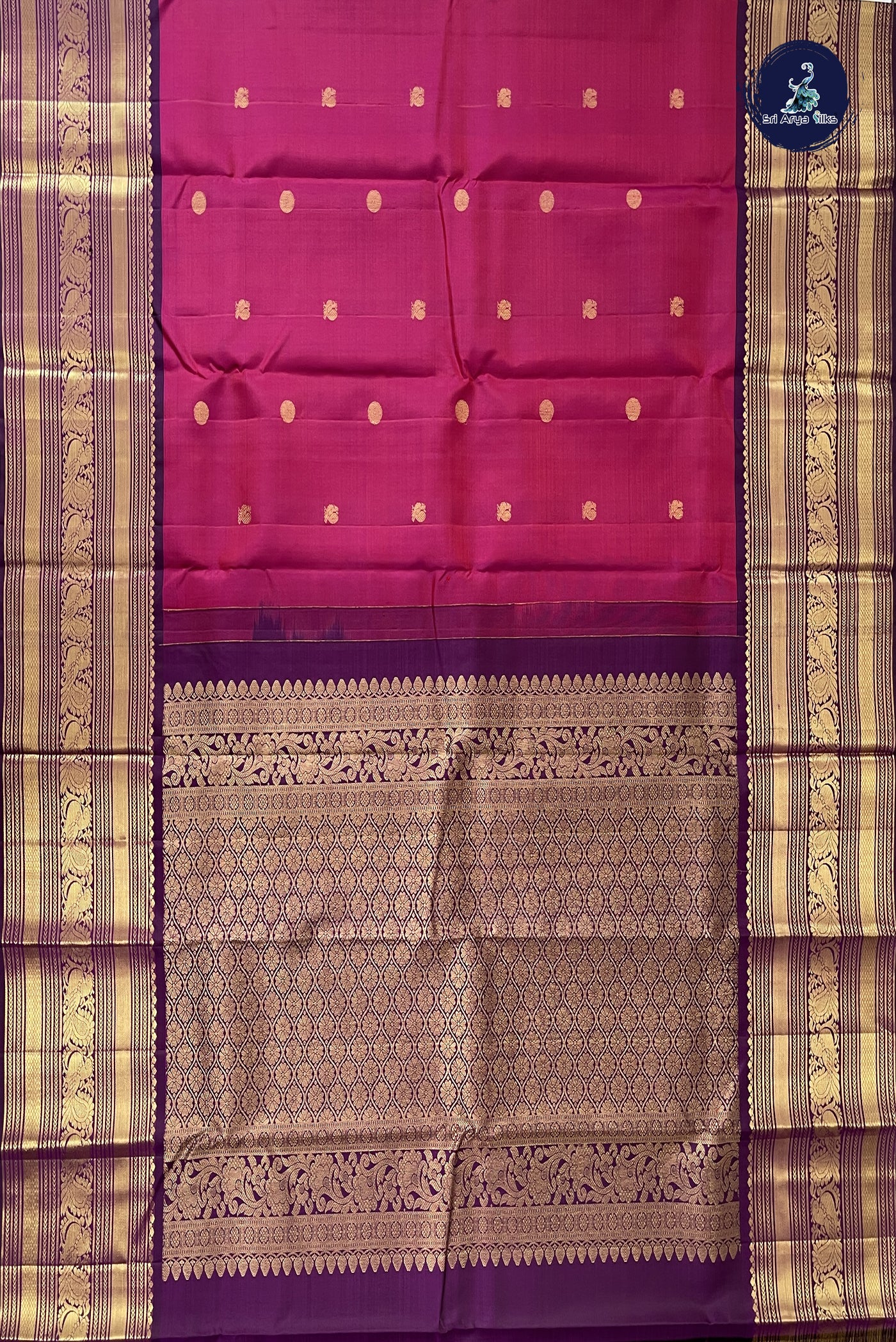 Dark Plum Korvai Contrast Silk Saree With Zari Buttas Pattern