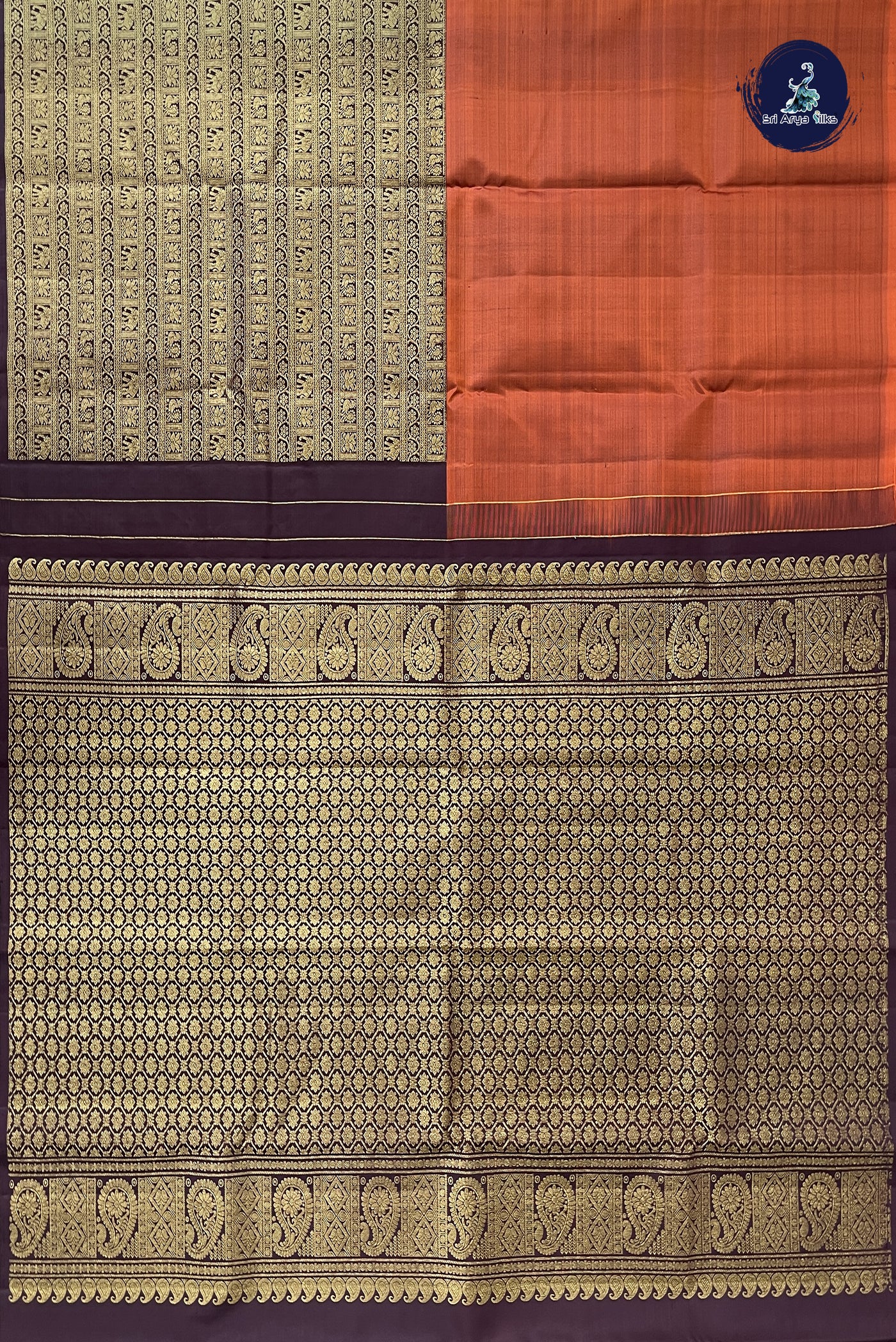 Rust Half and Half Checked Silk Saree With Jacquard Pattern